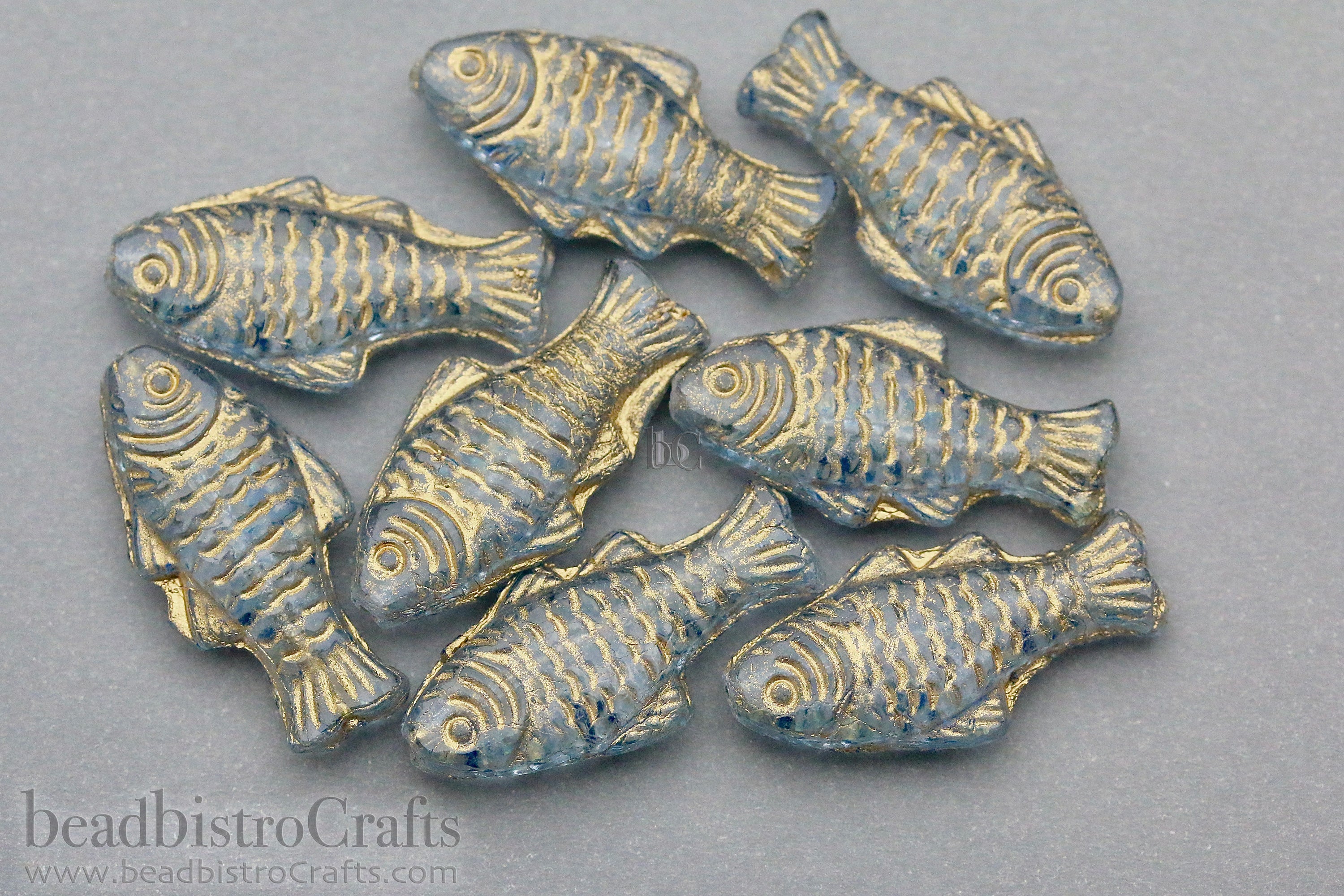 Czech Glass Trout Fish Beads 24x10mm Crystal Pale Blue Luster Gold Wash (4pcs)