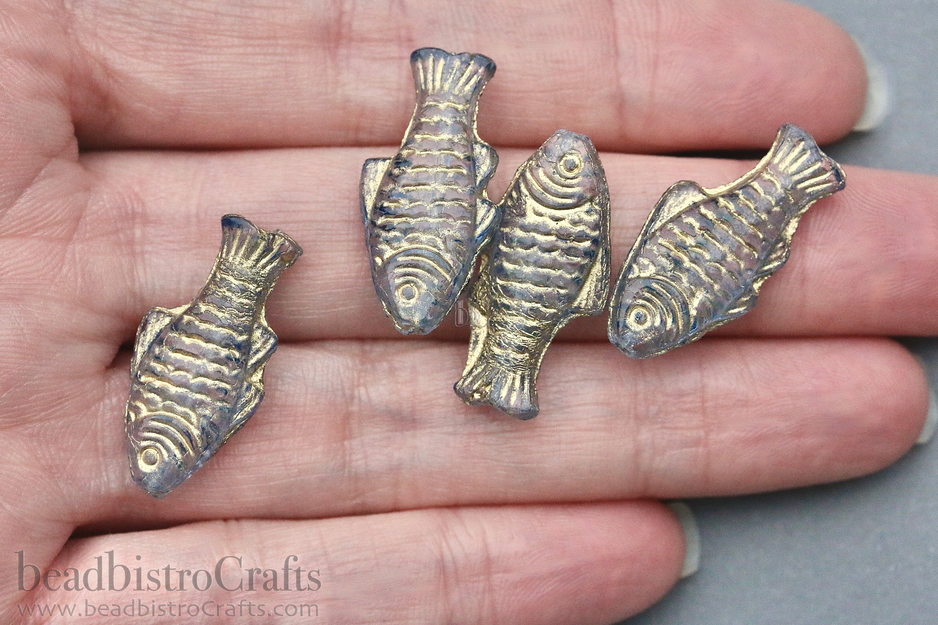 Czech Glass Trout Fish Beads 24x10mm Crystal Pale Blue Luster Gold Wash (4pcs)