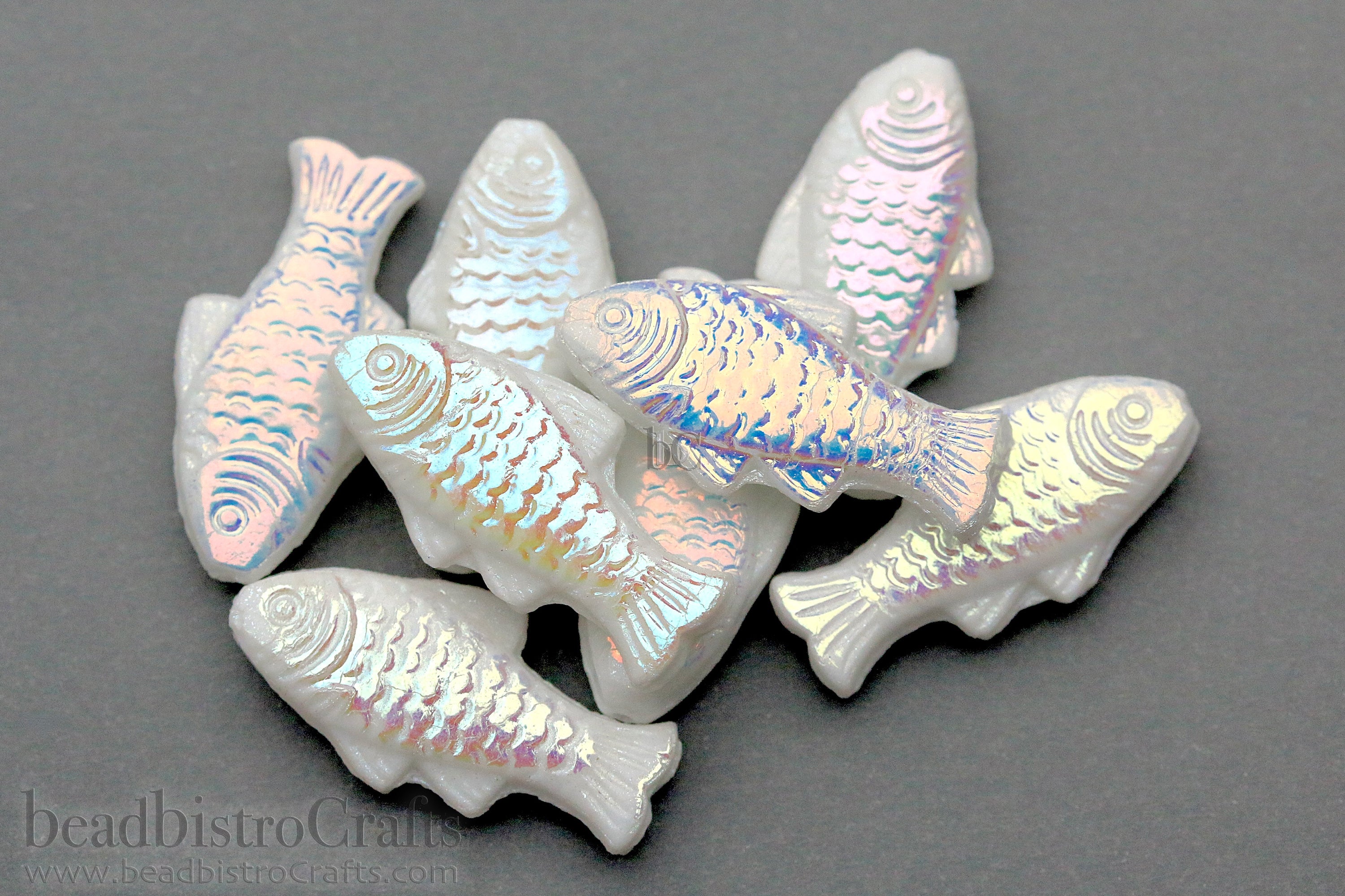 Czech Glass Trout Fish Beads 24x10mm Opaque White AB (4pcs)