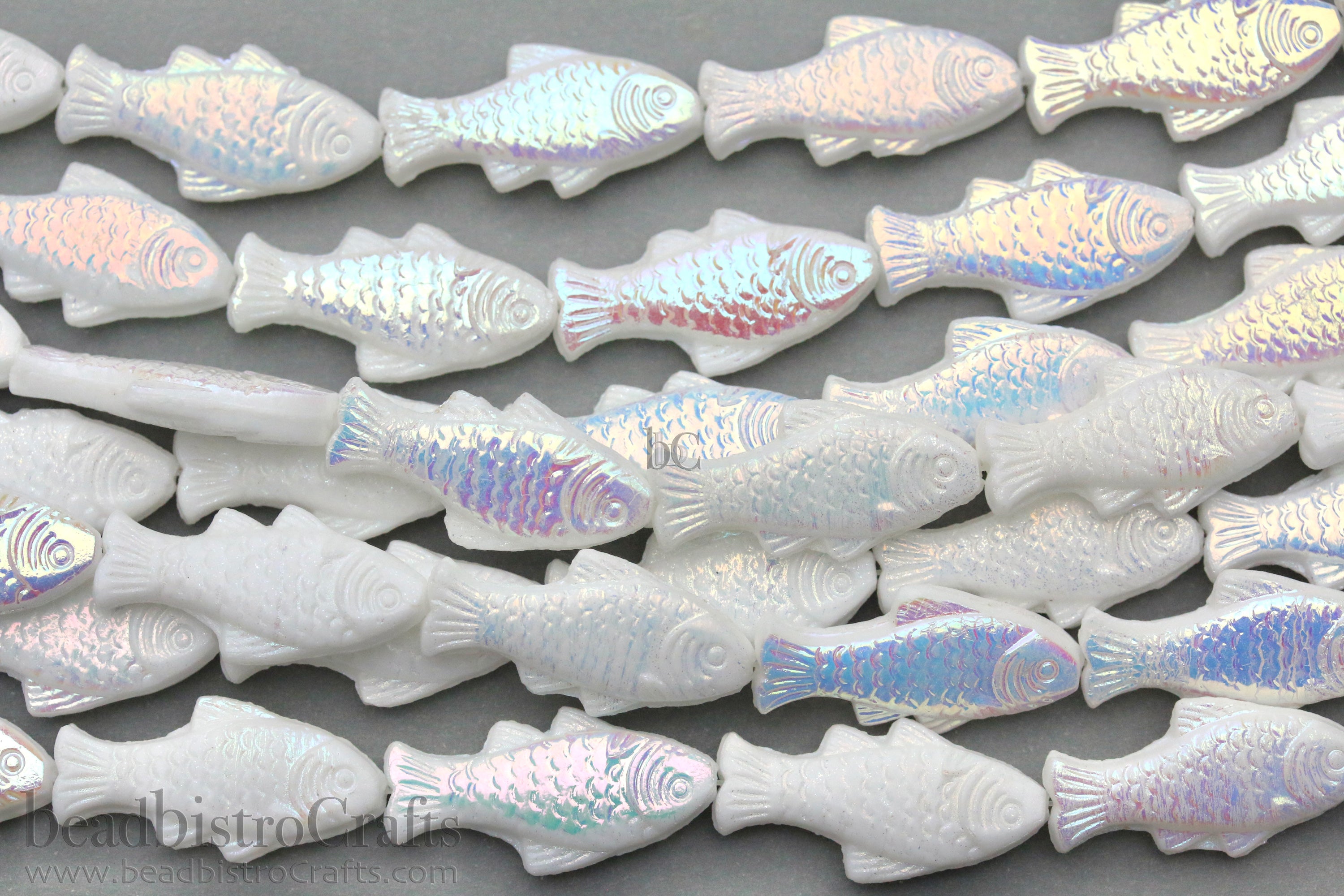 Czech Glass Trout Fish Beads 24x10mm Opaque White AB (4pcs)