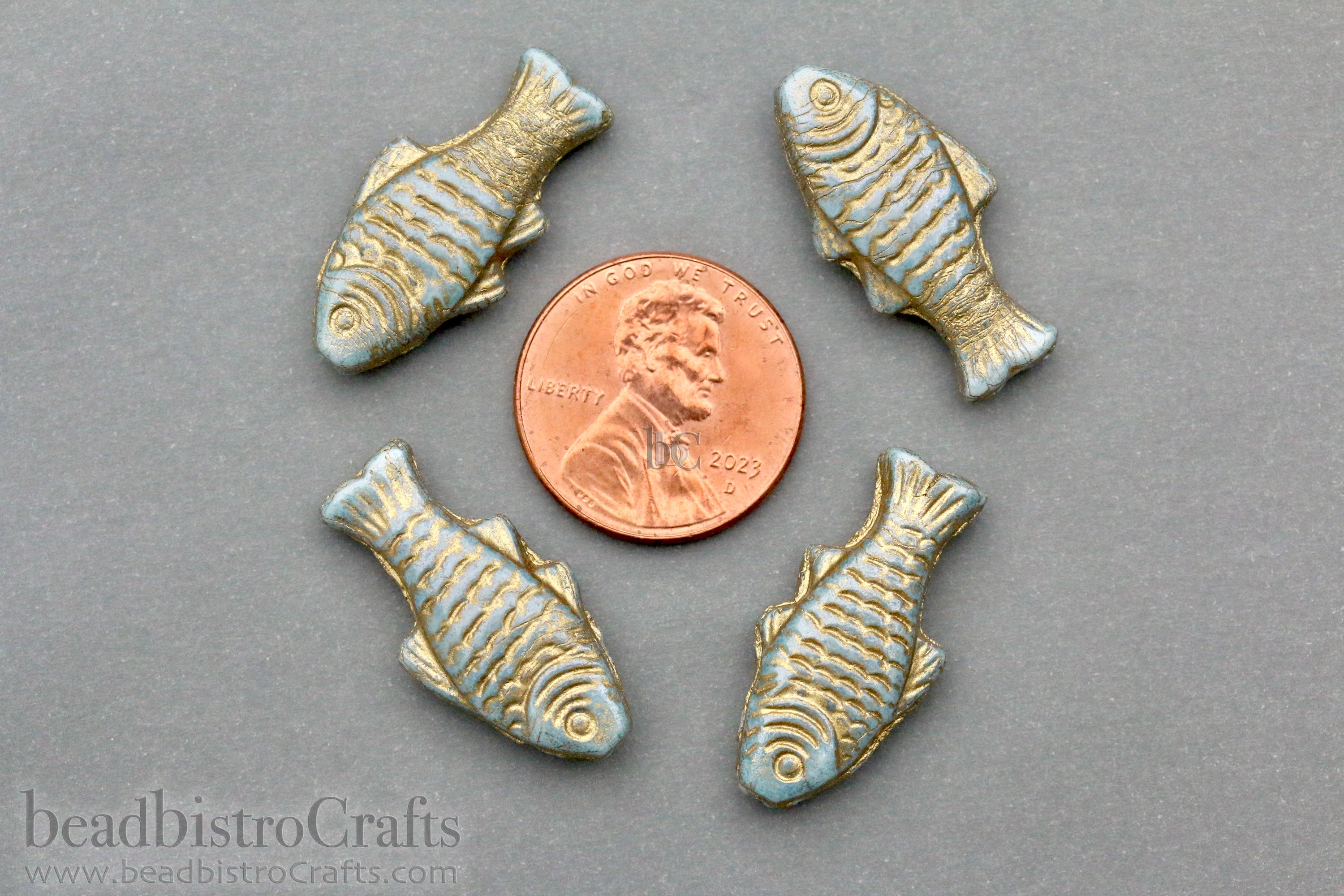 Czech Glass Trout Fish Beads 24x10mm Alabaster Pale Blue Grey Gold Wash (4pcs)