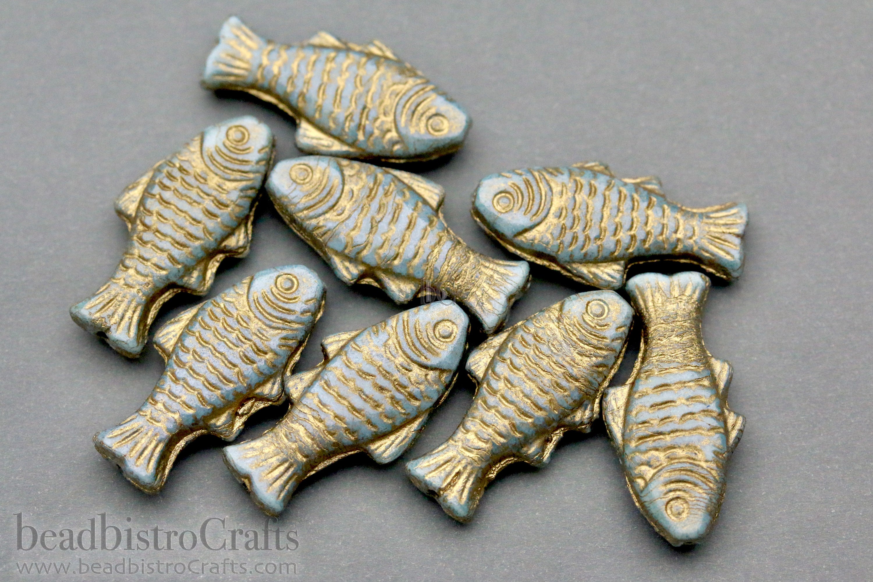 Czech Glass Trout Fish Beads 24x10mm Alabaster Pale Blue Grey Gold Wash (4pcs)