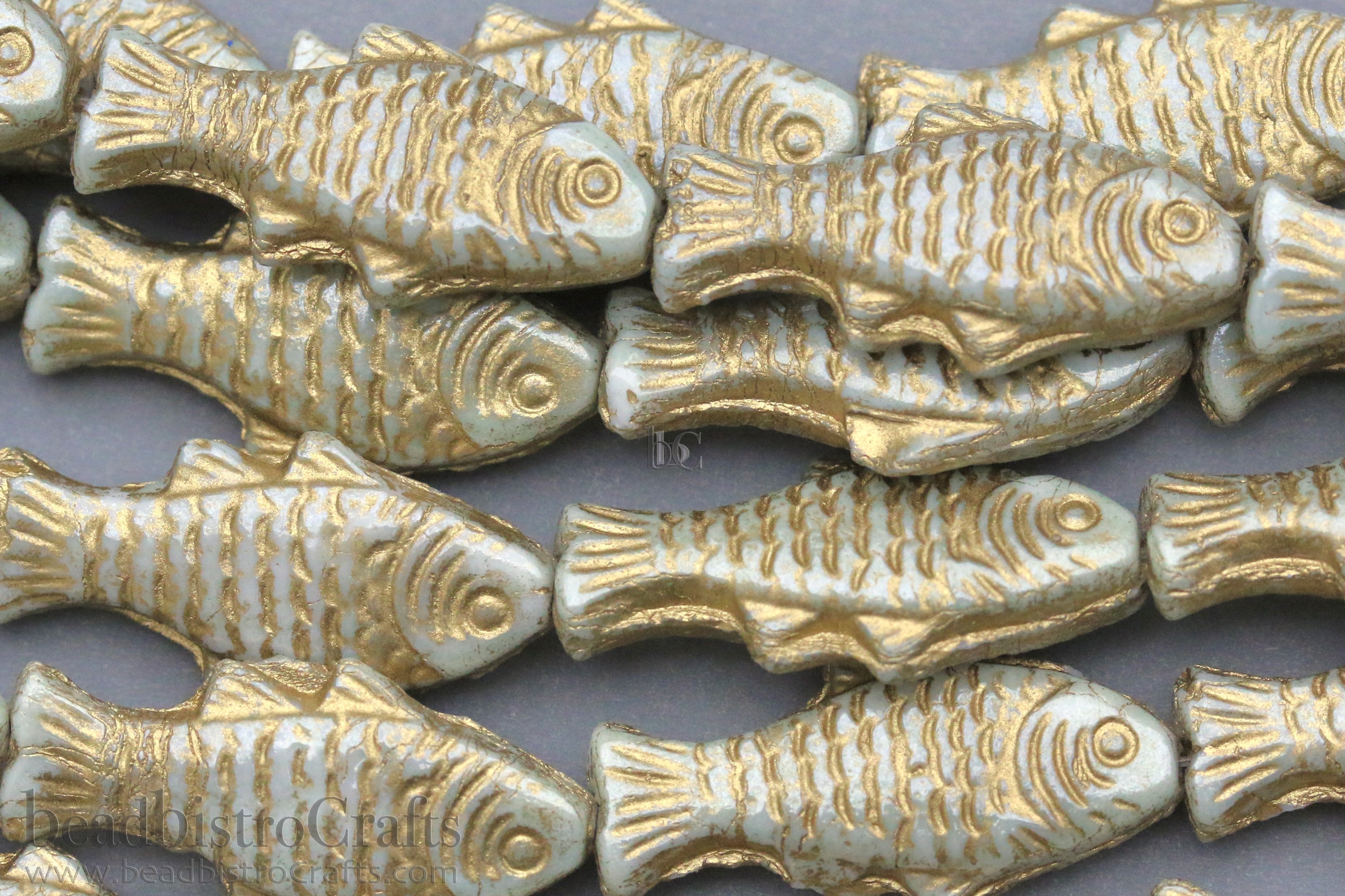 Czech Glass Trout Fish Beads 24x10mm Alabaster Pale Mint Luster Gold Wash (4pcs)