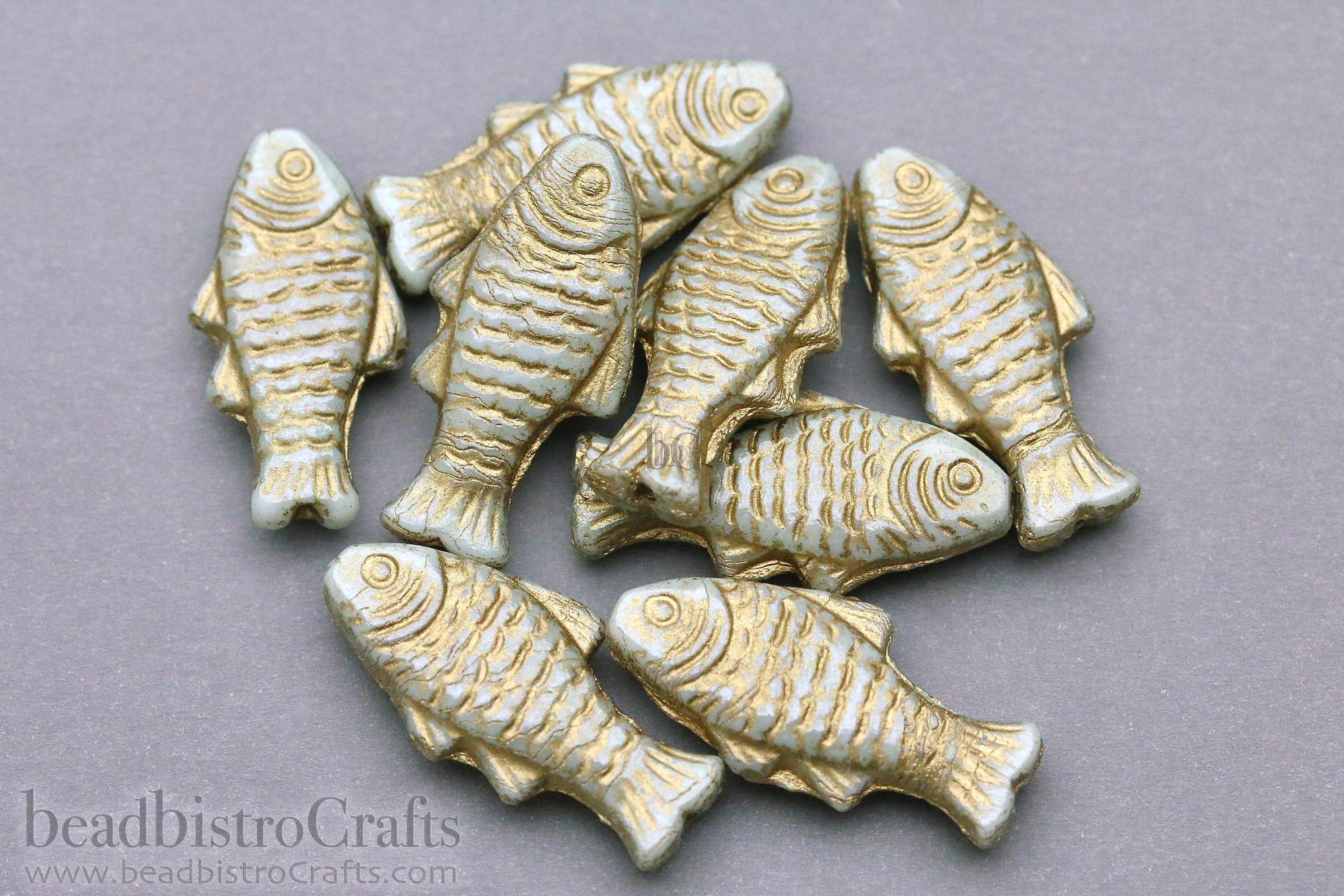 Czech Glass Trout Fish Beads 24x10mm Alabaster Pale Mint Luster Gold Wash (4pcs)