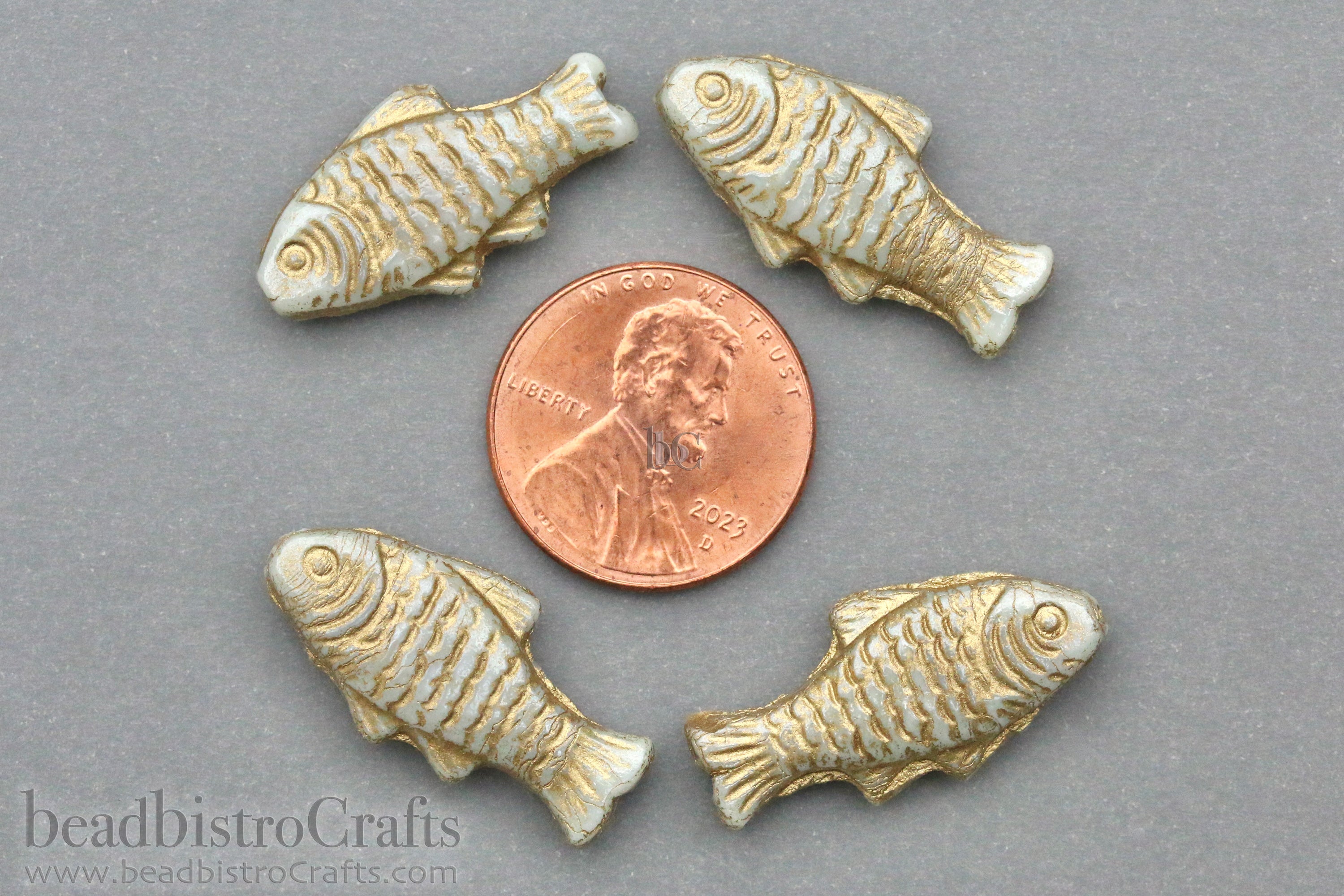 Czech Glass Trout Fish Beads 24x10mm Alabaster Pale Mint Luster Gold Wash (4pcs)