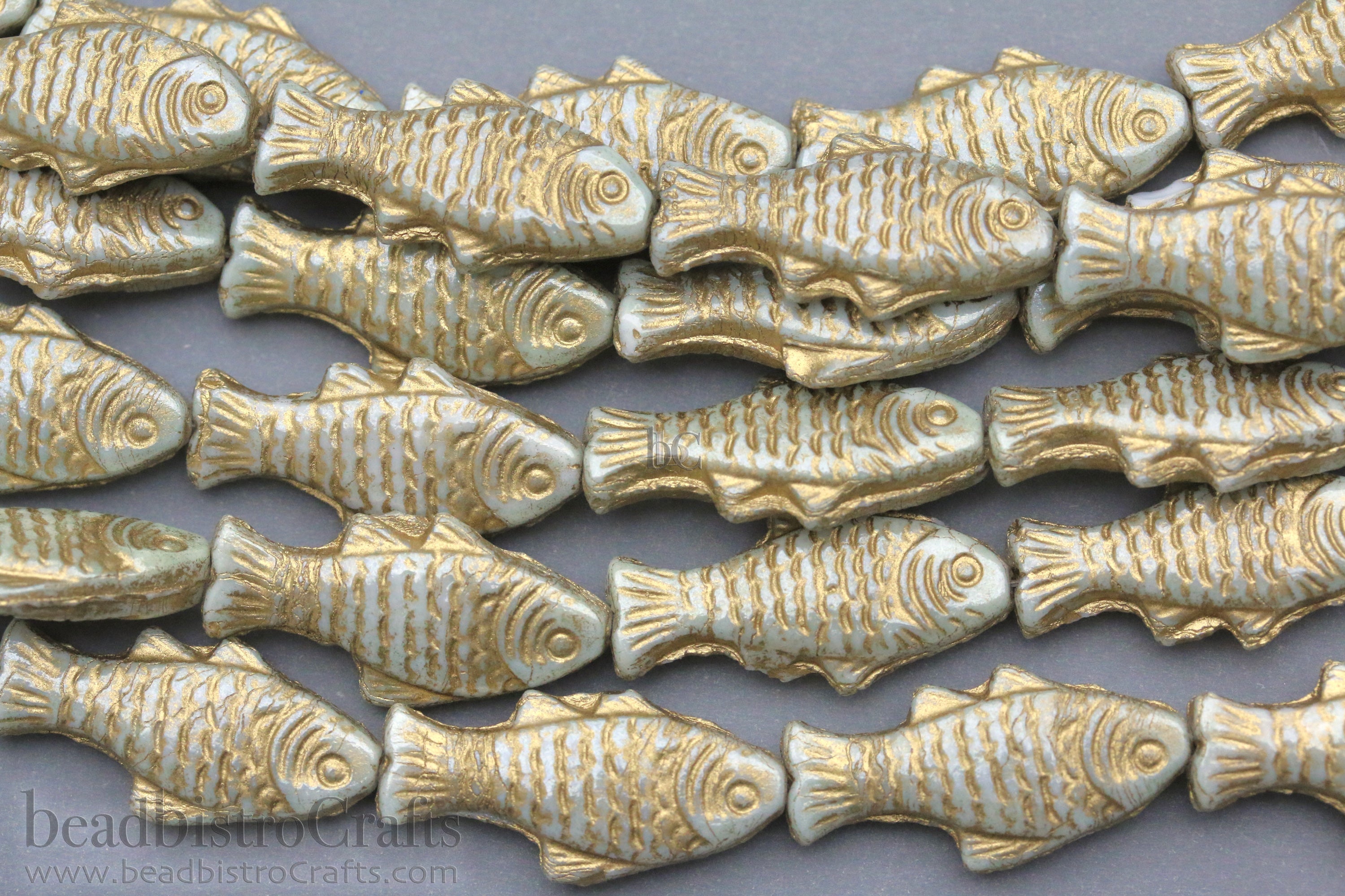 Czech Glass Trout Fish Beads 24x10mm Alabaster Pale Mint Luster Gold Wash (4pcs)