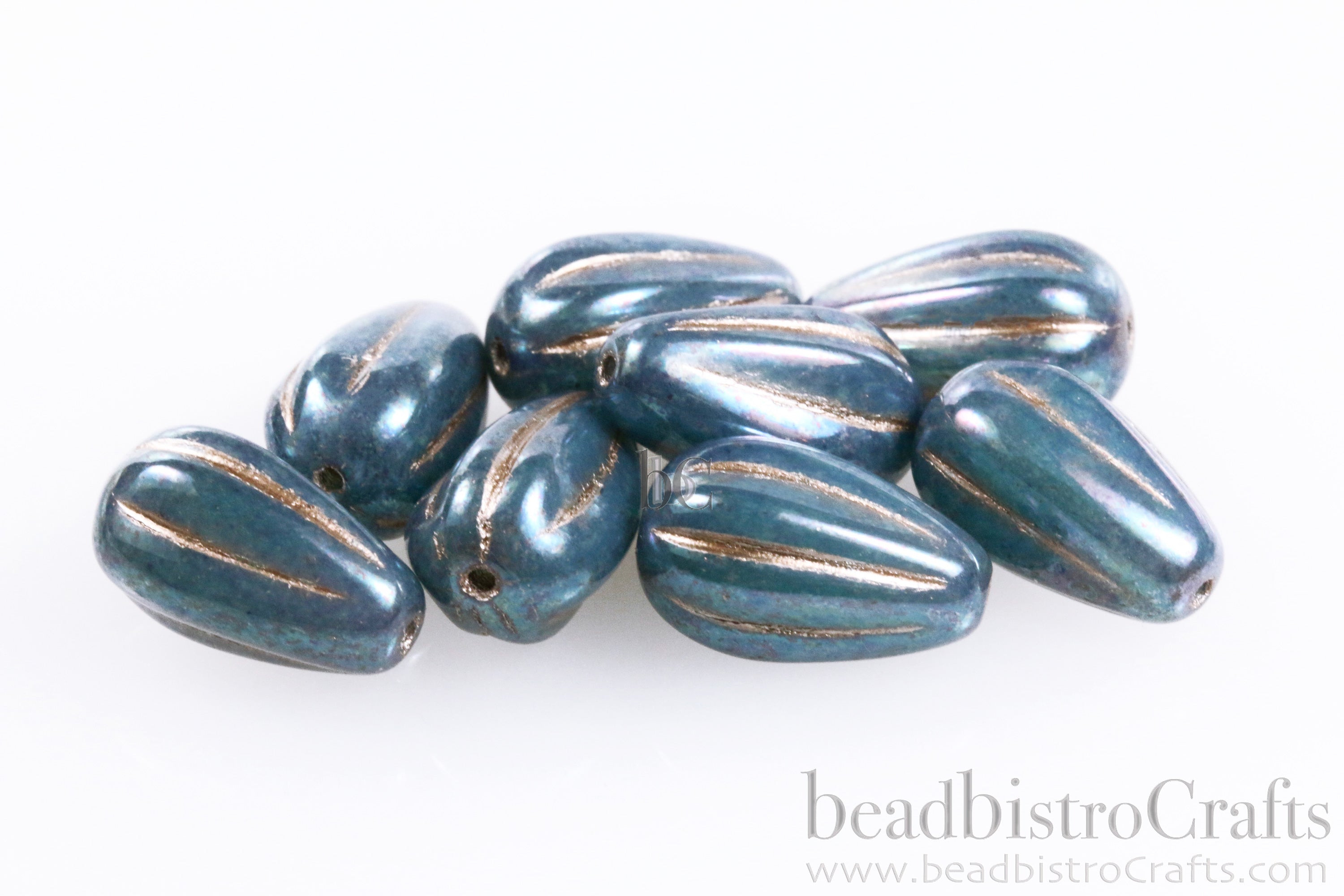 Czech Glass Melon Drop Beads 13x8mm Aqua Opal Oxidized Denim Luster Platinum Wash (8pcs)