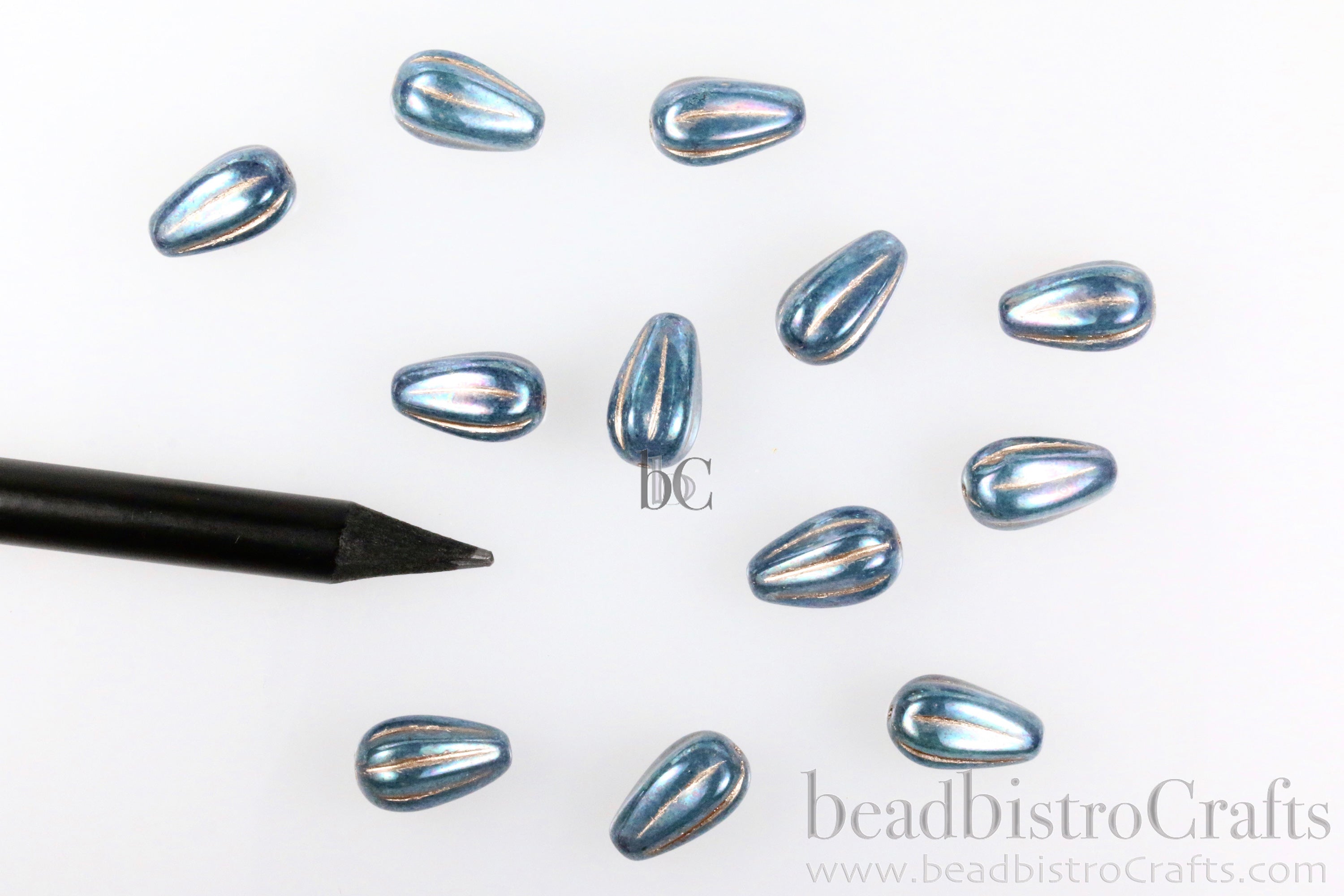 Czech Glass Melon Drop Beads 13x8mm Aqua Opal Oxidized Denim Luster Platinum Wash (8pcs)