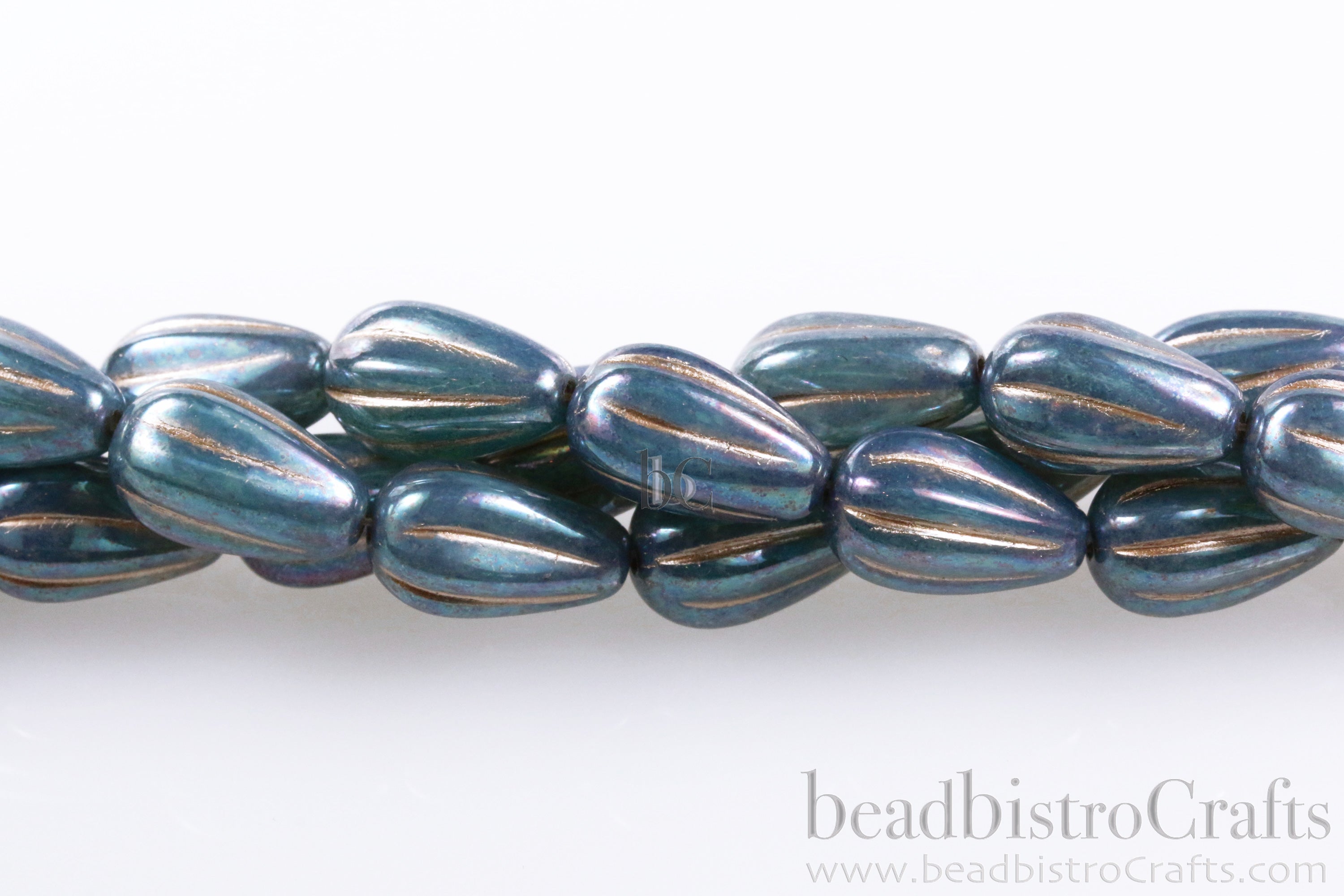 Czech Glass Melon Drop Beads 13x8mm Aqua Opal Oxidized Denim Luster Platinum Wash (8pcs)