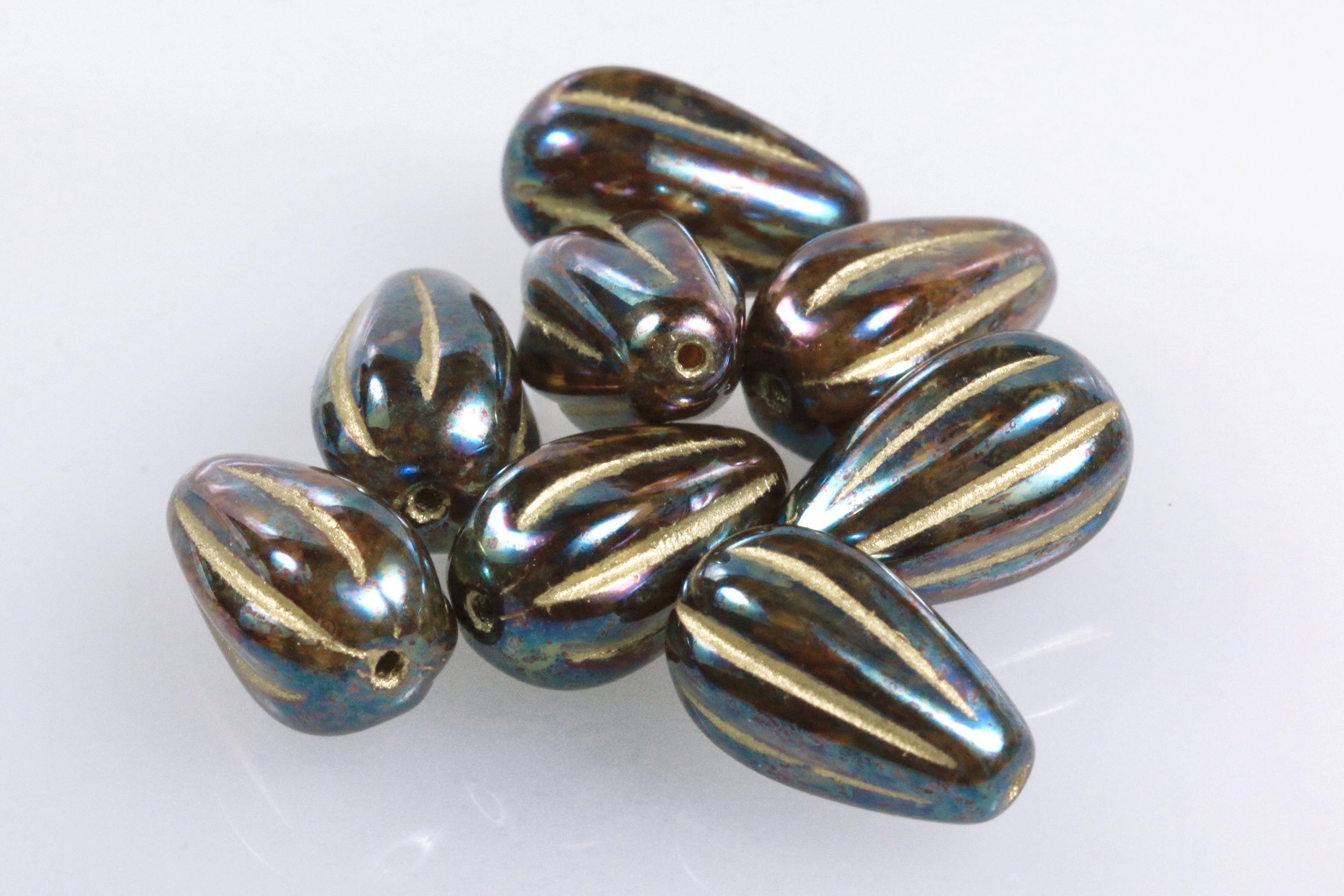 Czech Glass Melon Drop Beads 13x8mm Oxidized Espresso Luster Butter Rum Opal (8pcs)