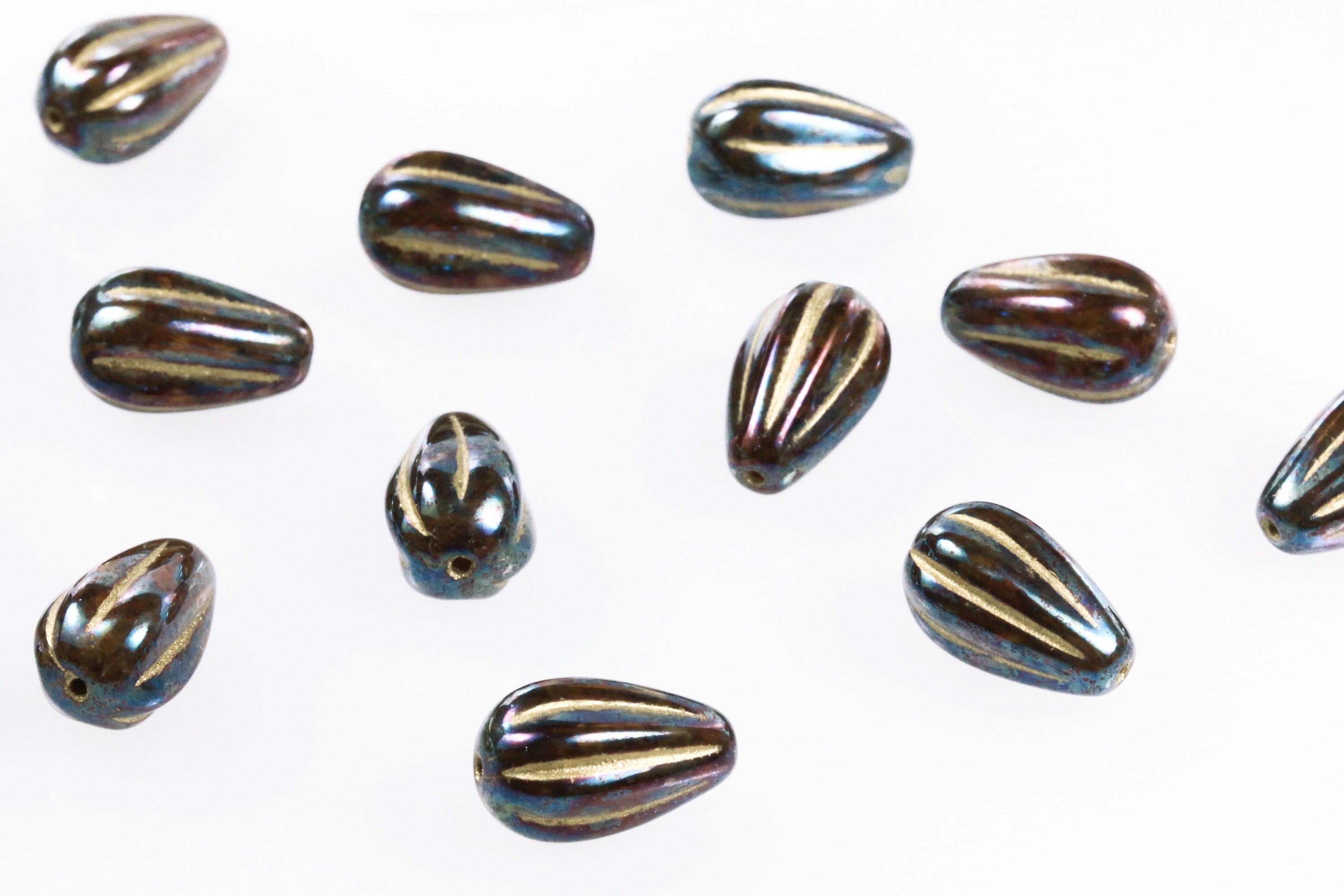 Czech Glass Melon Drop Beads 13x8mm Oxidized Espresso Luster Butter Rum Opal (8pcs)