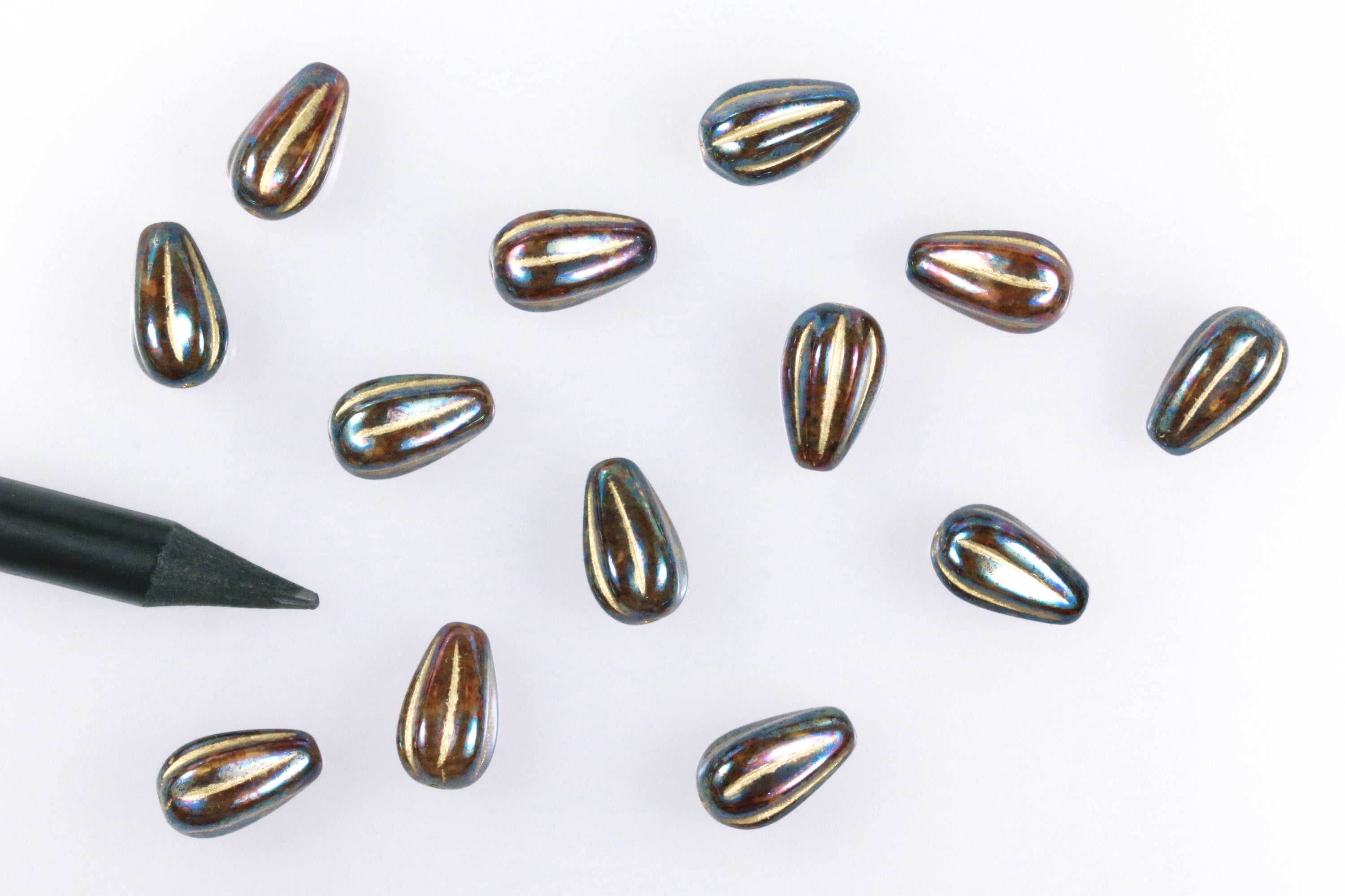 Czech Glass Melon Drop Beads 13x8mm Oxidized Espresso Luster Butter Rum Opal (8pcs)