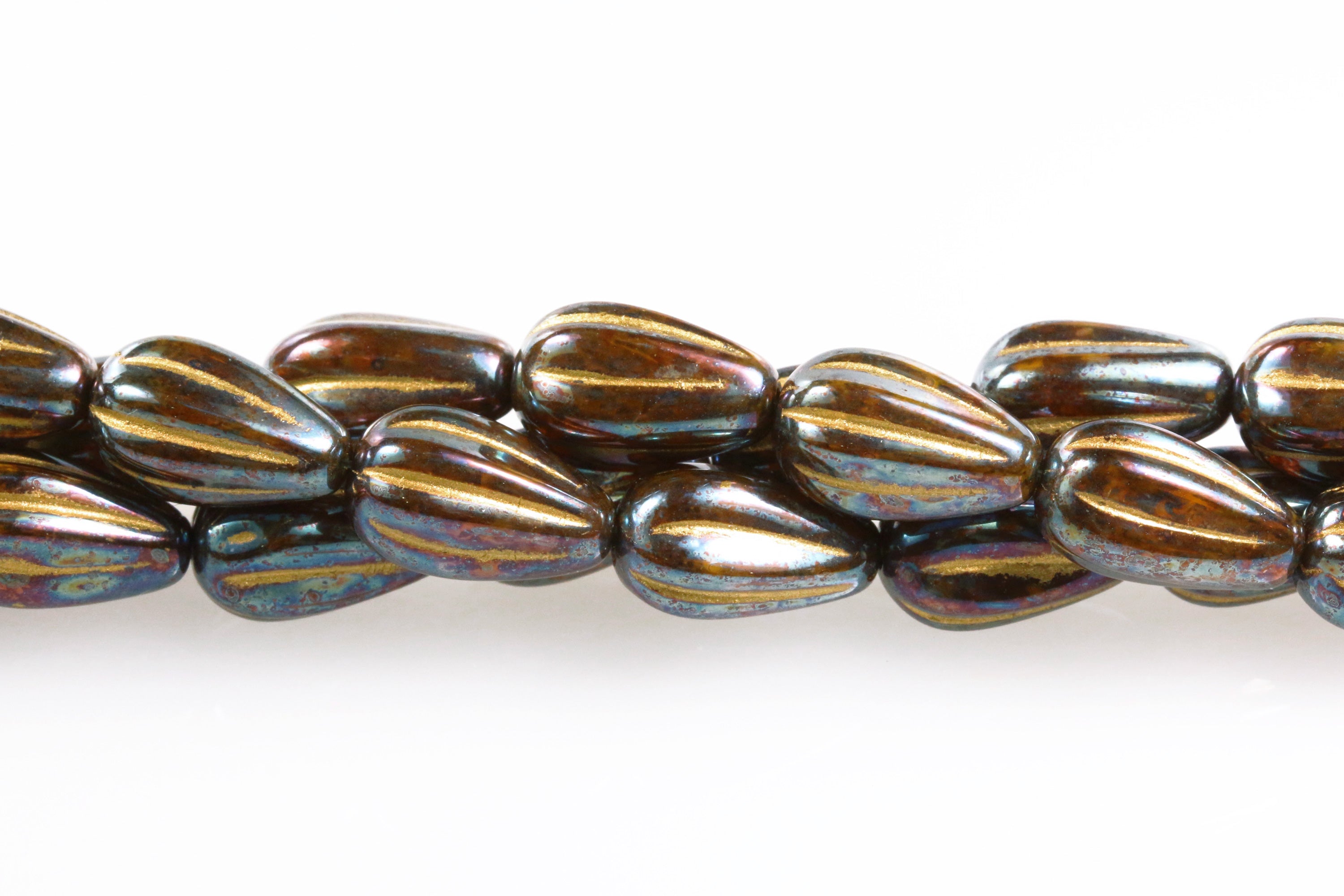 Czech Glass Melon Drop Beads 13x8mm Oxidized Espresso Luster Butter Rum Opal (8pcs)