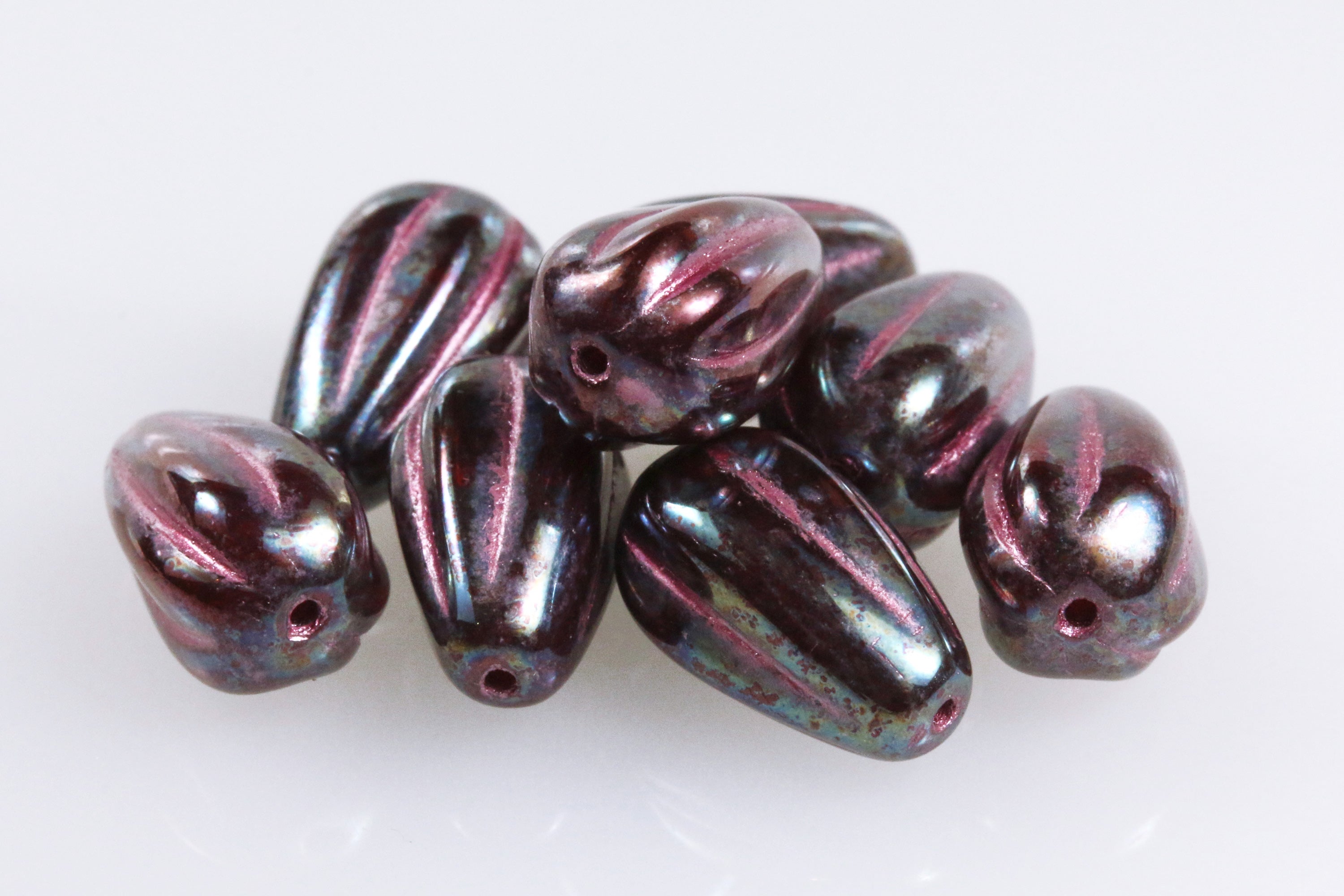 Czech Glass Melon Drop Beads 13x8mm Oxidized Cherry Opal Metallic Pink Wash (8pcs)