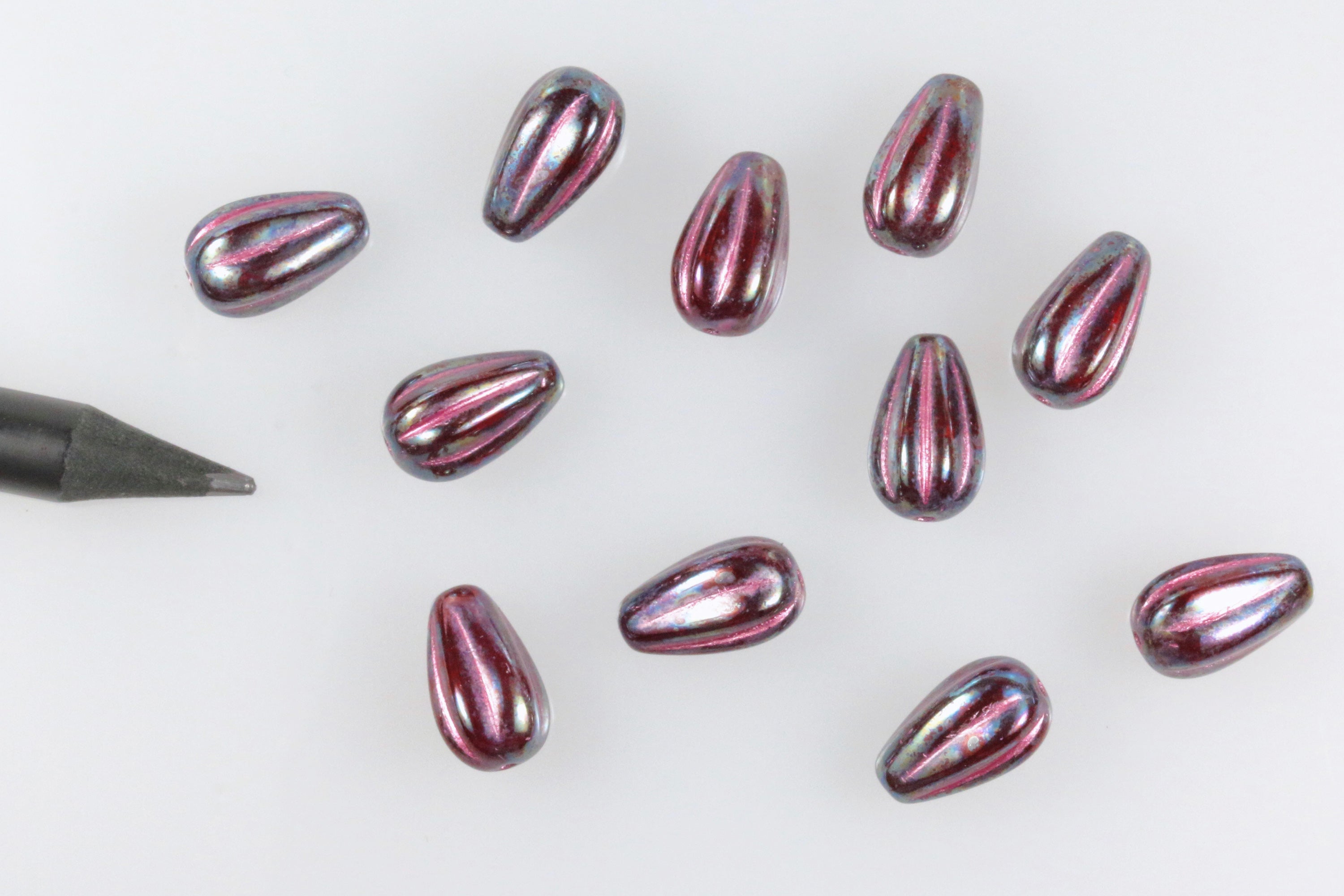 Czech Glass Melon Drop Beads 13x8mm Oxidized Cherry Opal Metallic Pink Wash (8pcs)