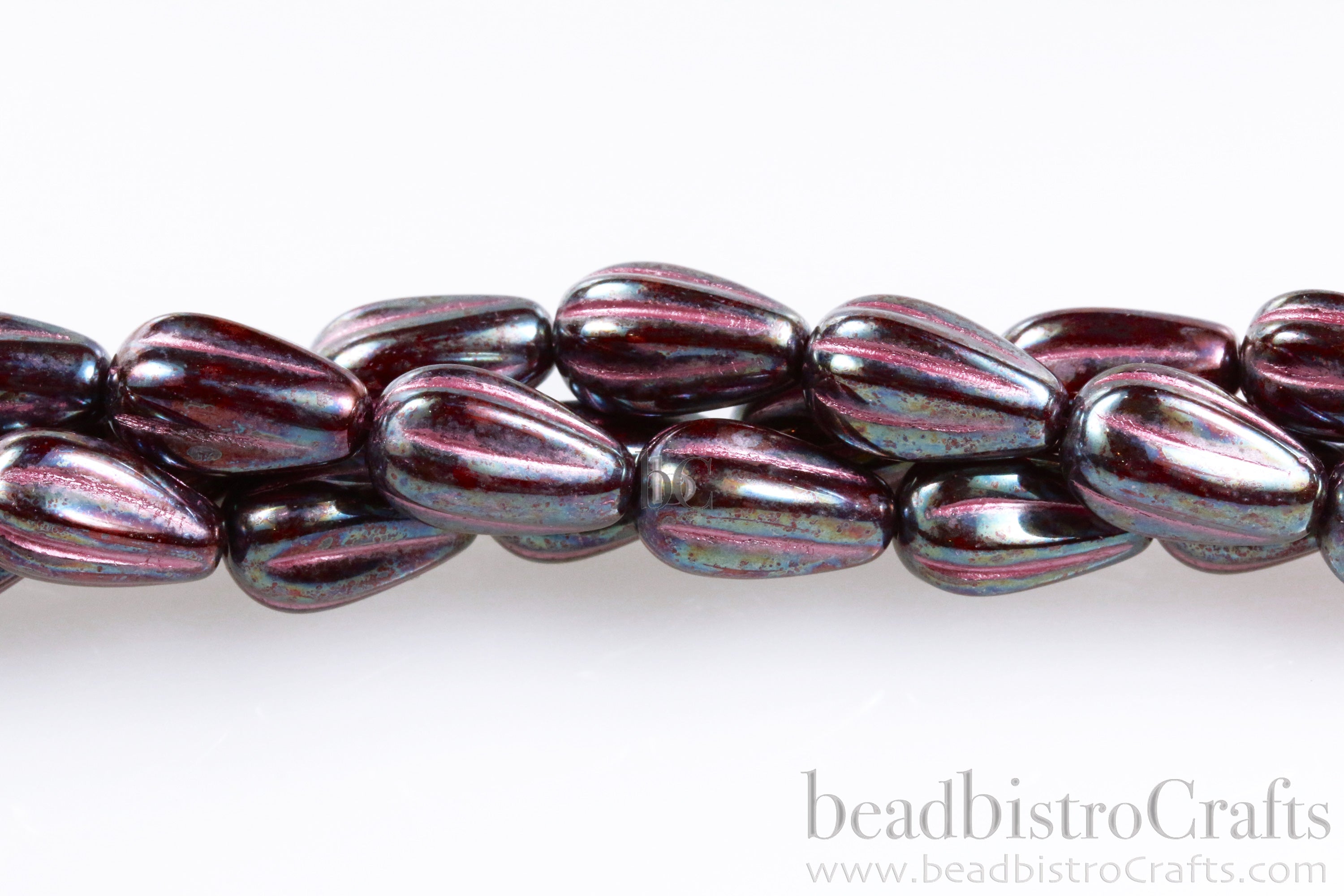 Czech Glass Melon Drop Beads 13x8mm Oxidized Cherry Opal Metallic Pink Wash (8pcs)