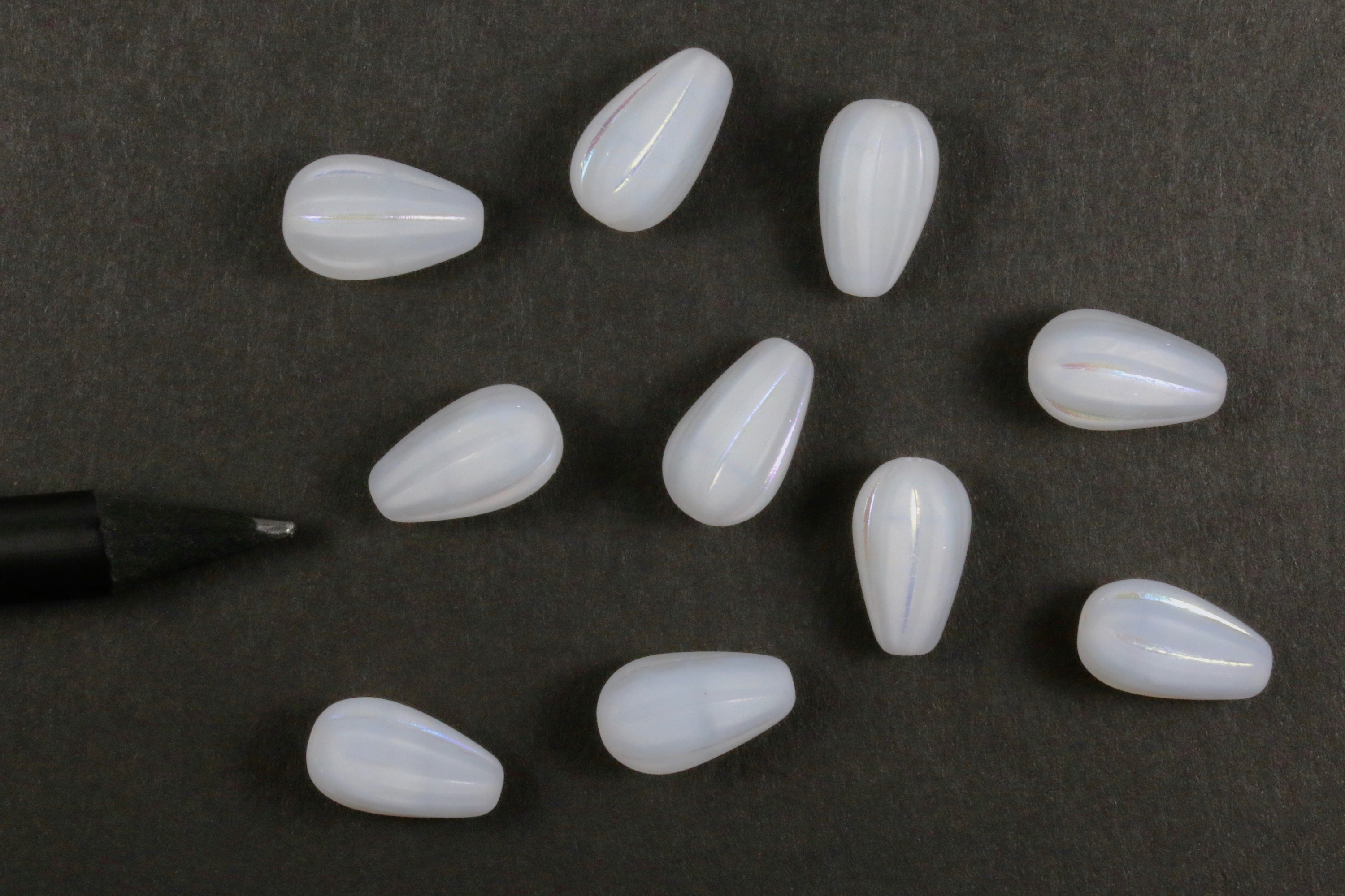 Czech Glass Melon Drop Beads 13x8mm Matte Silky White Opal Frosted AB (8pcs)