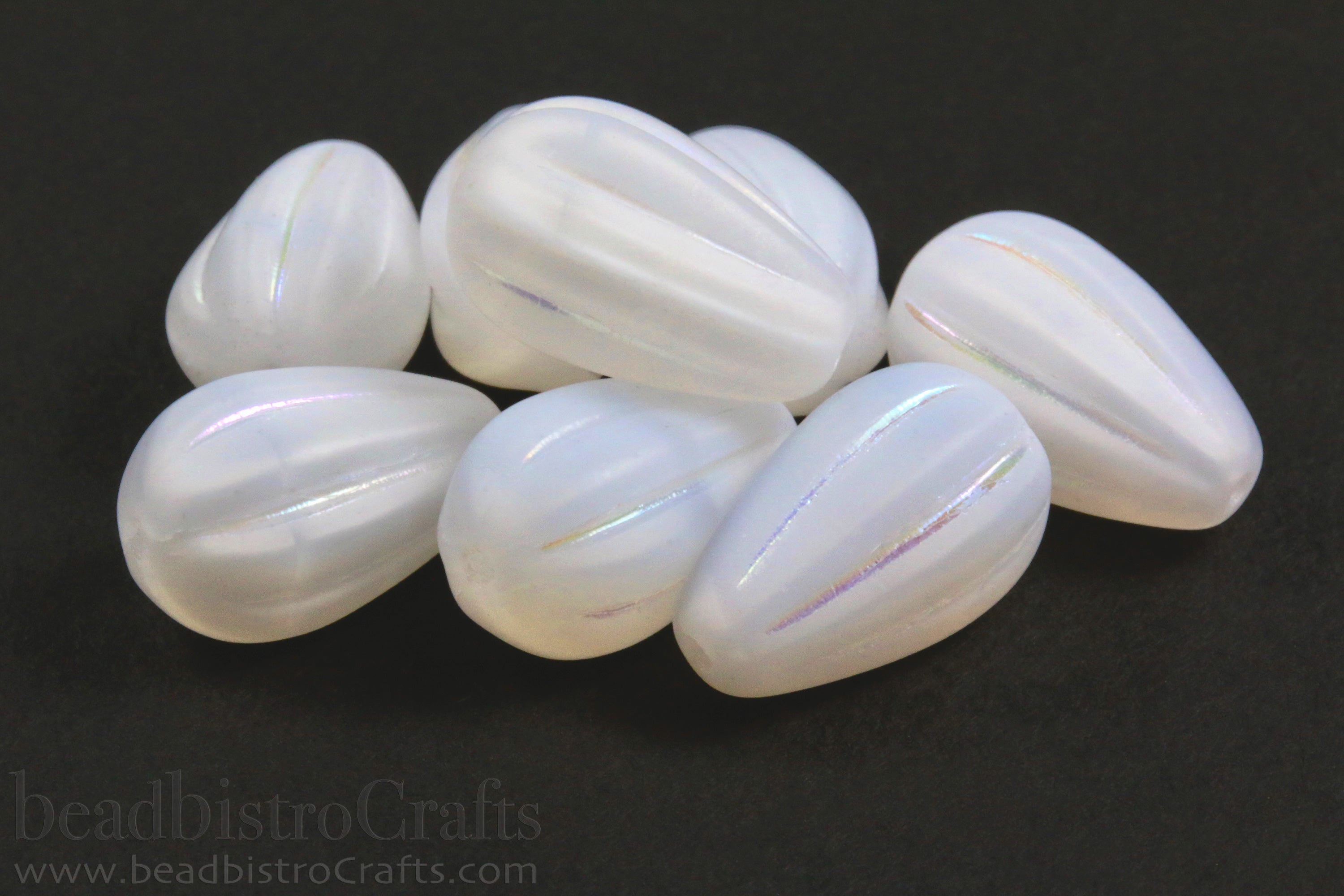 Czech Glass Melon Drop Beads 13x8mm Matte Silky White Opal Frosted AB (8pcs)