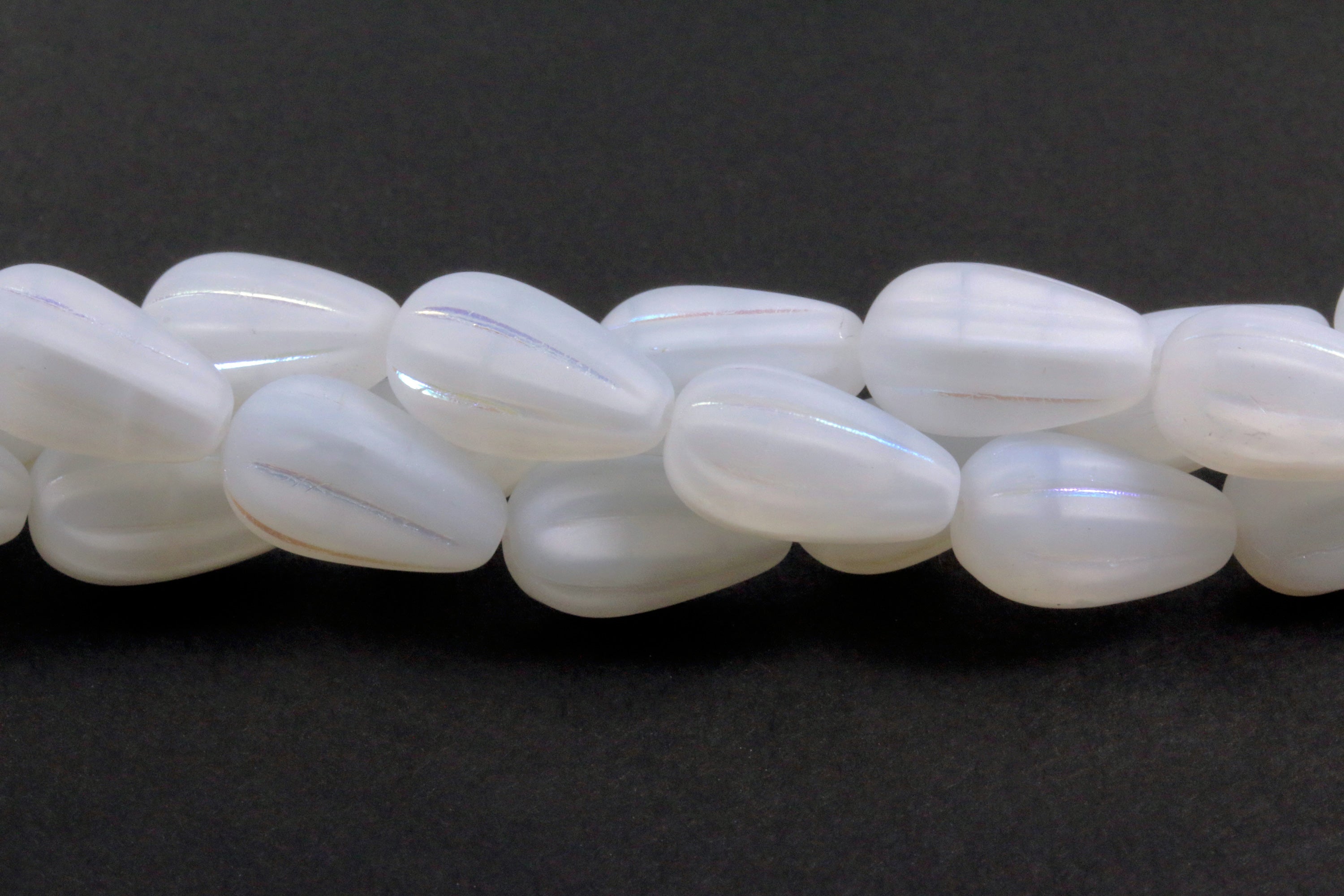 Czech Glass Melon Drop Beads 13x8mm Matte Silky White Opal Frosted AB (8pcs)