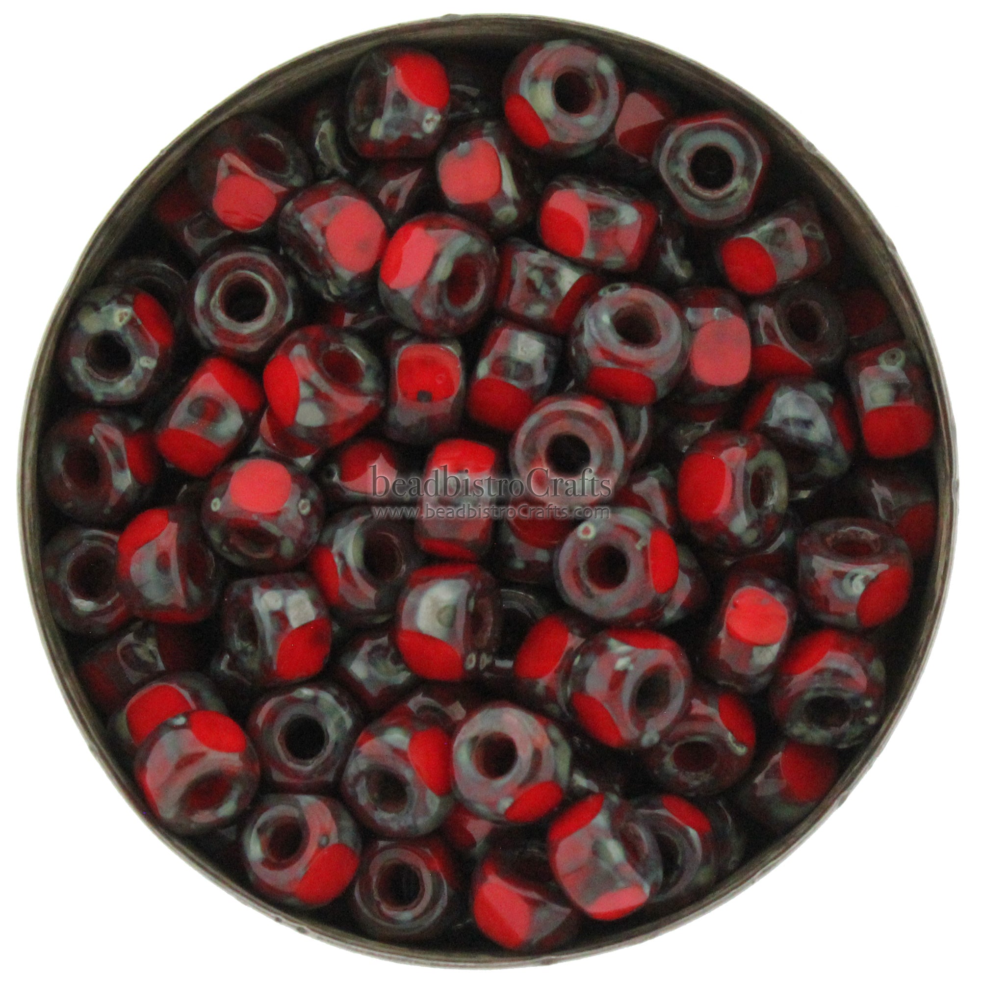 Matubo 3-Cut Size 2/0 Beads Opaque Coral Red Dark Travertine Czech Seed Beads