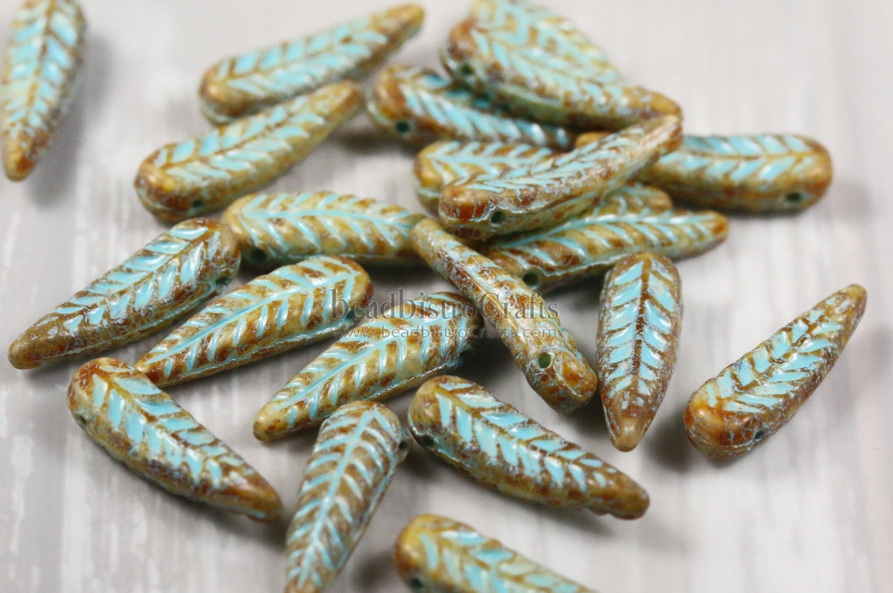 Bird Feather Beads 5x17mm Alabaster Travertine Turquoise Green Wash Side-drilled Czech Glass Beads