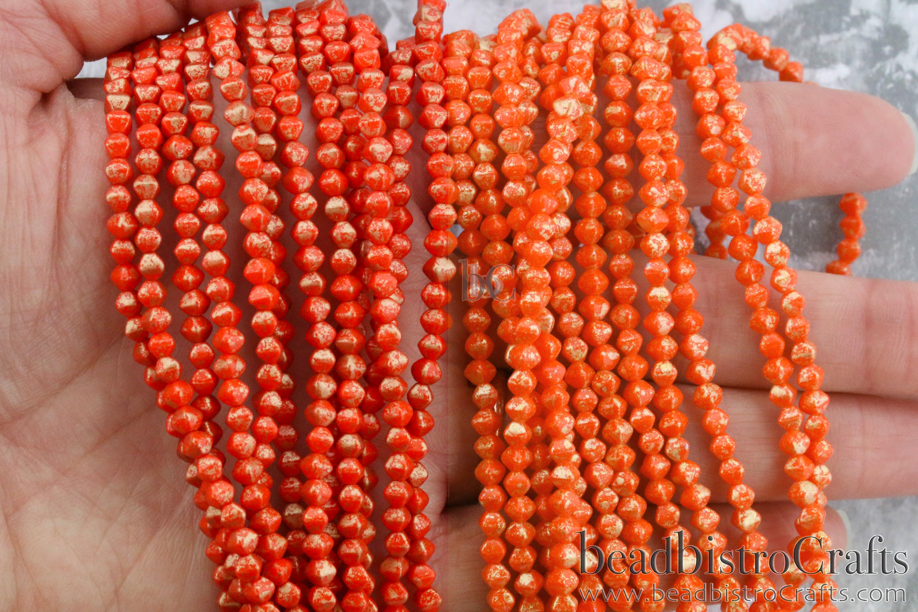 Czech Glass MINI Bicone 4mm Pressed Glass Bead Opaque Persimmon or Opaque Pumpkin Gold Splash (50pc or 200pc)