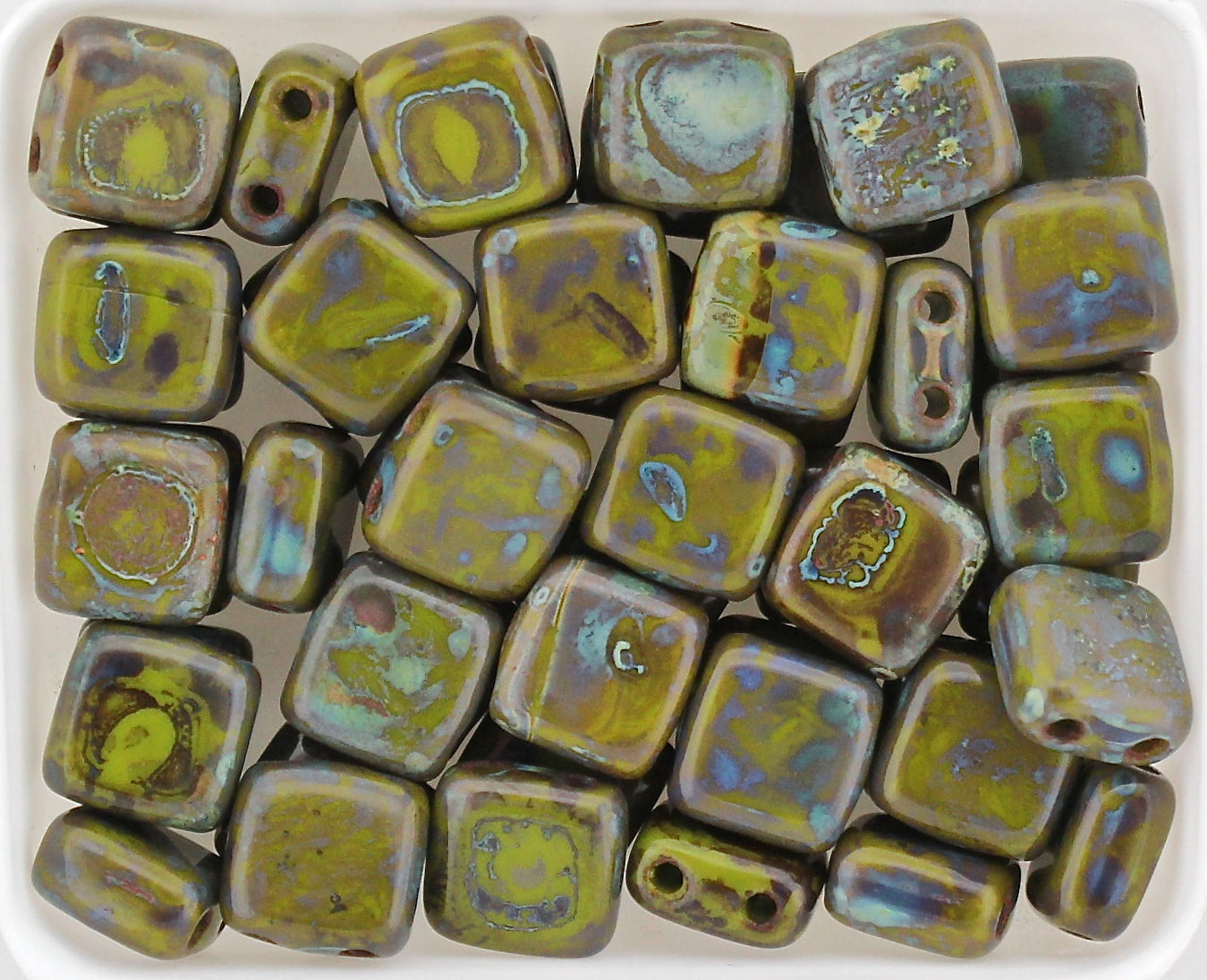 Tile Bead 6x6mm Opaque Olive Picasso 2-hole CzechMates Beads 25pcs