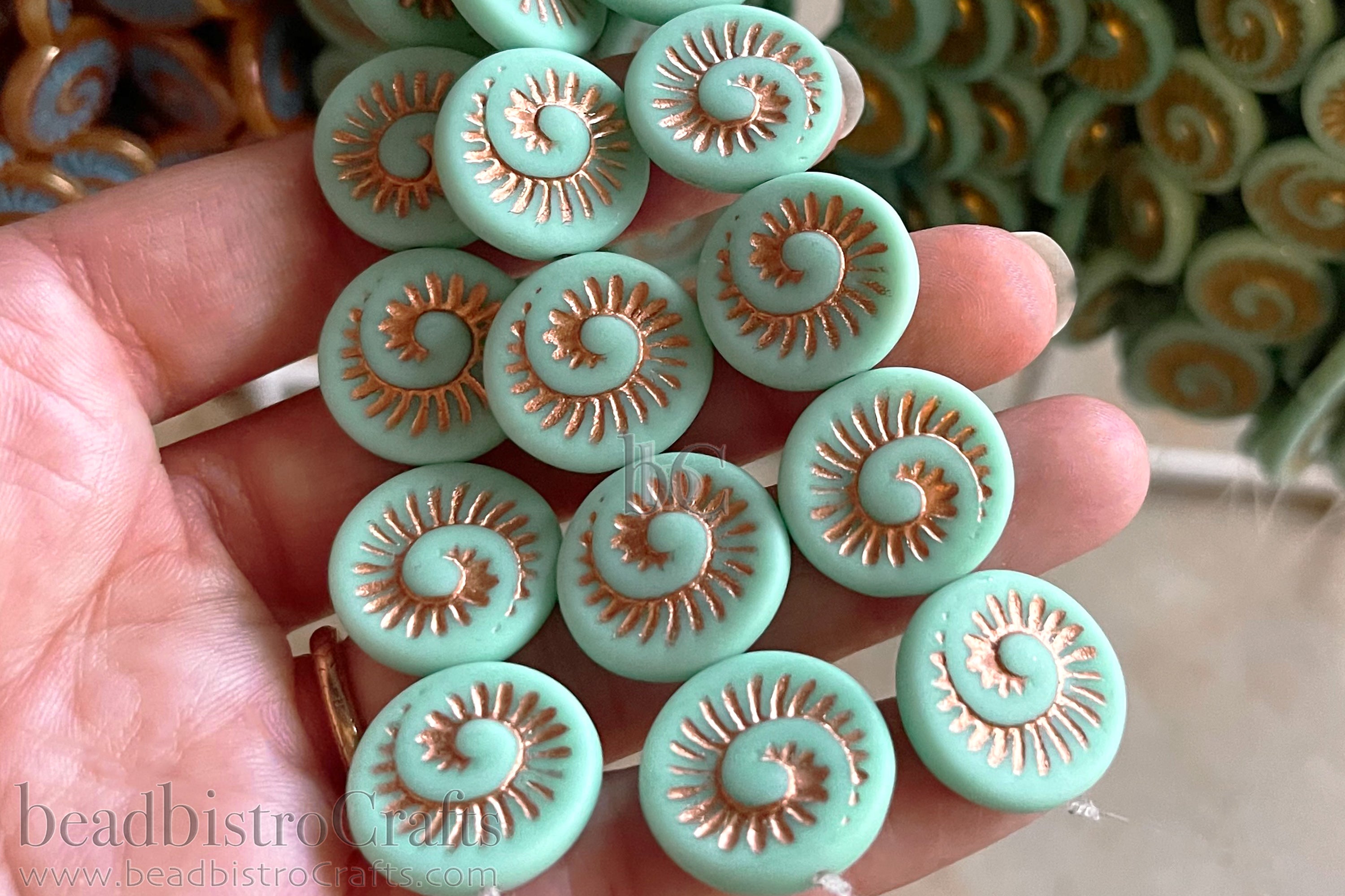 Czech Glass Ammonite Beads 18mm Opaque Frosted Pale Jade Coin Beads (4pcs)