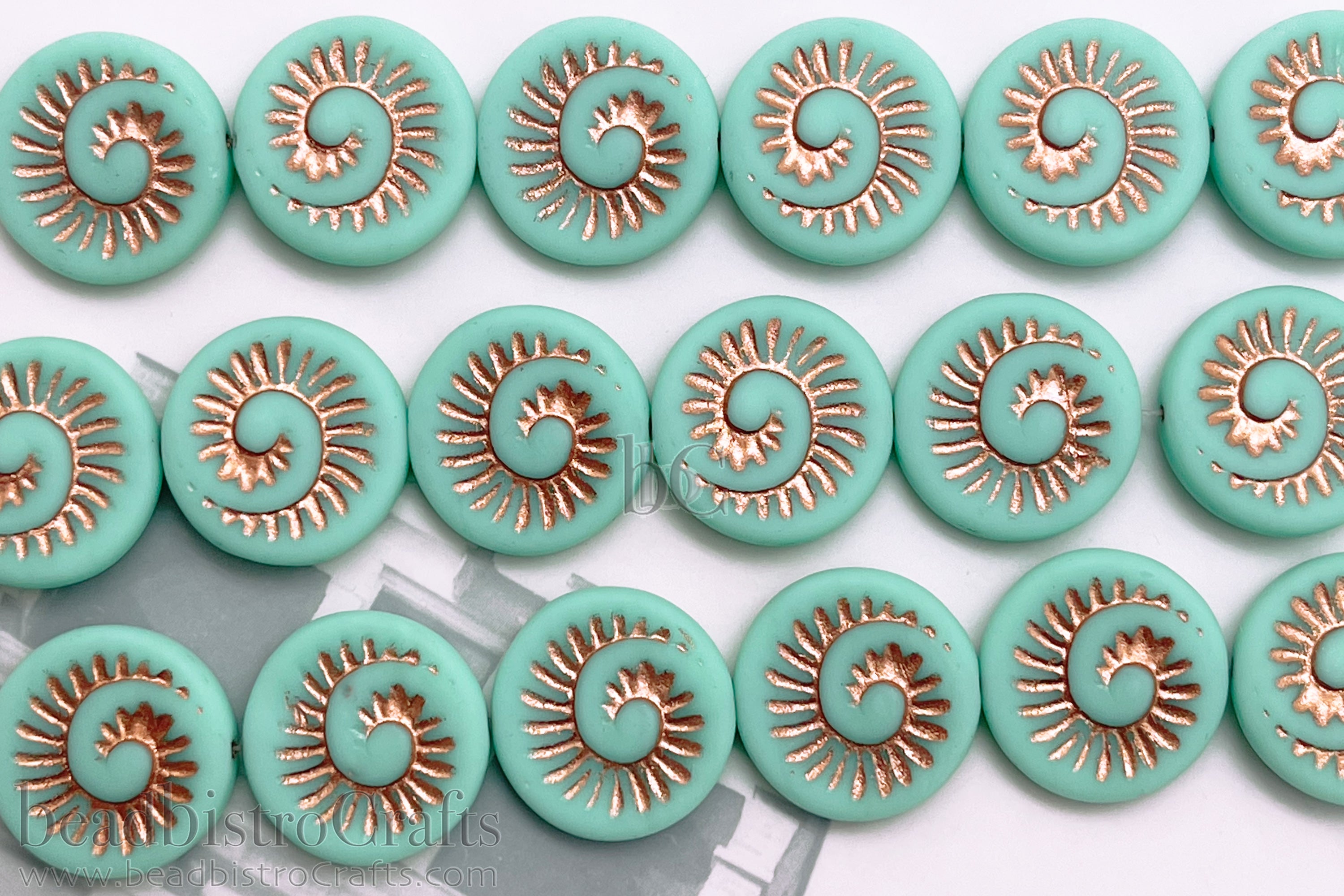 Ammonite Beads 18mm CHOOSE COLOR Pressed Czech Glass Pale Jade Coin Beads