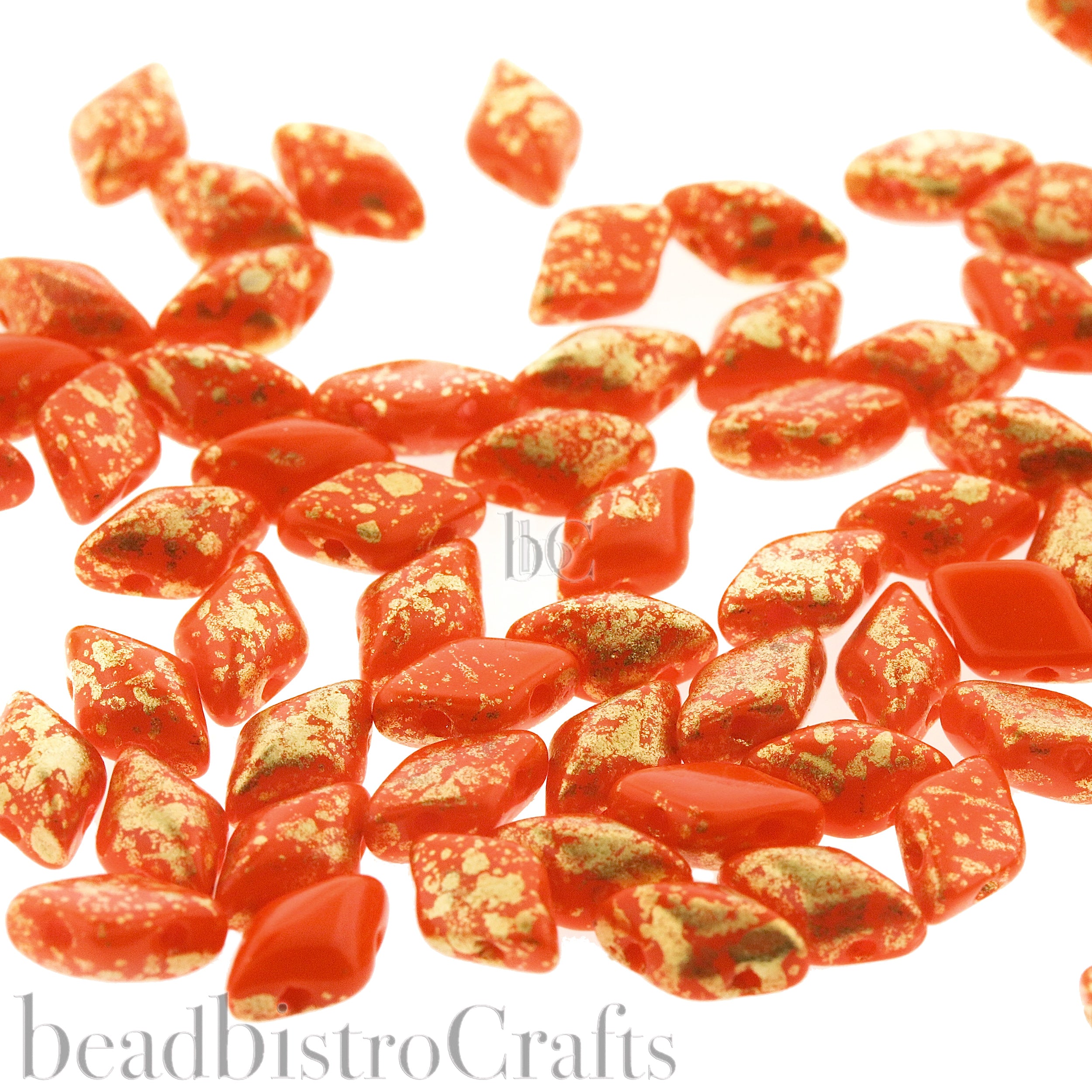 GemDuo Beads 8x5mm Opaque Orange Gold Splash  2-Hole Czech Seed Beads ~ 70pcs