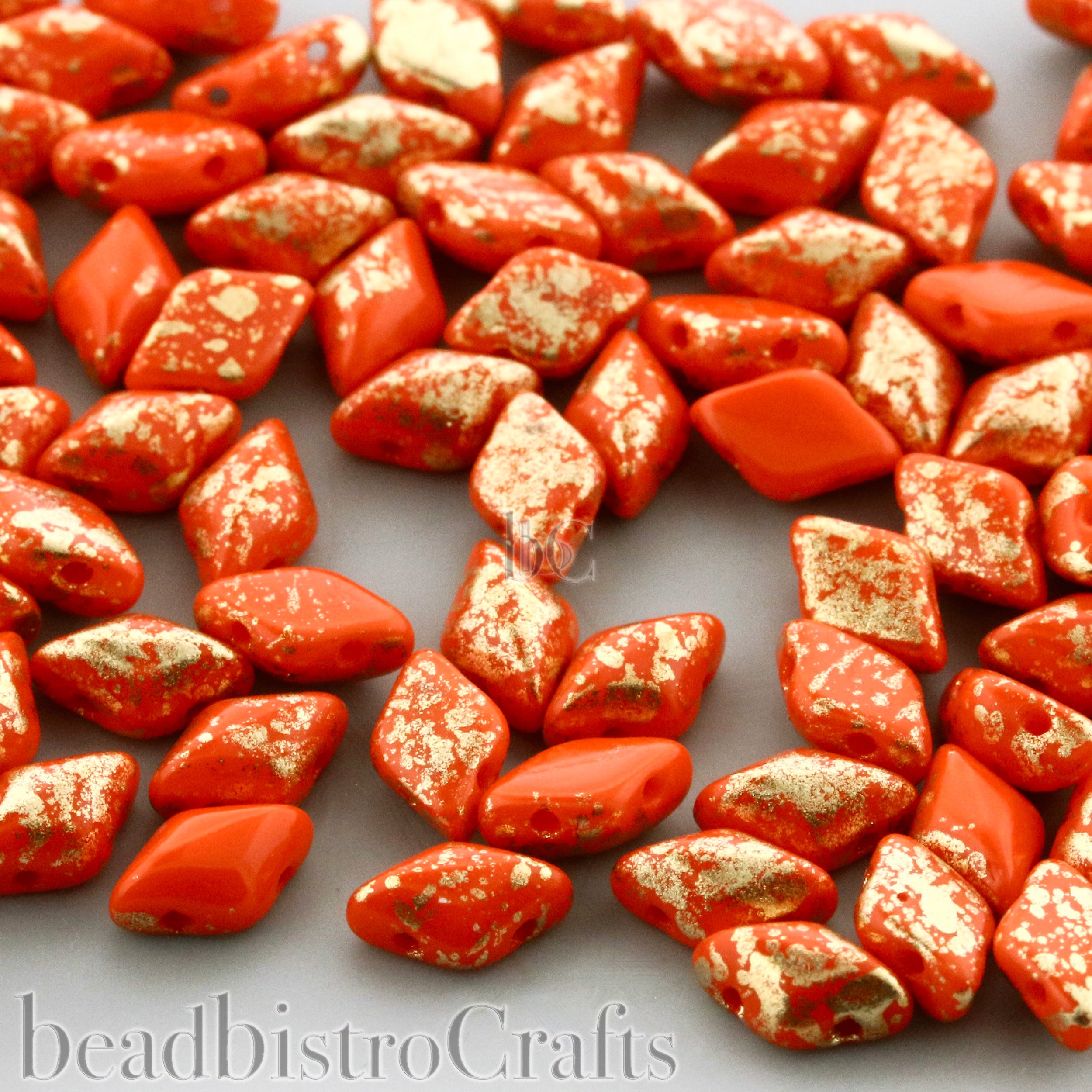 GemDuo Beads 8x5mm Opaque Orange Gold Splash  2-Hole Czech Seed Beads ~ 70pcs