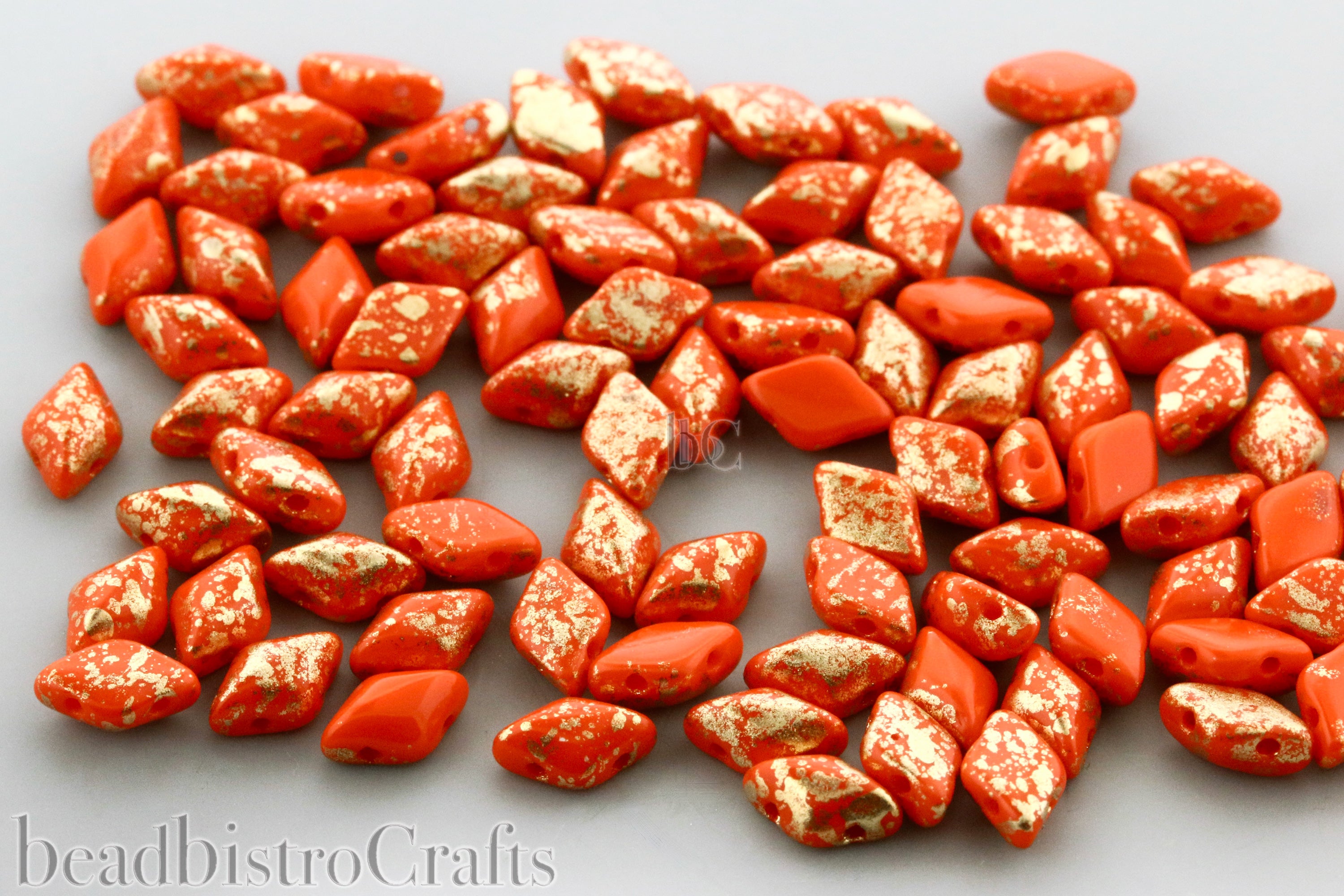 GemDuo Beads 8x5mm Opaque Orange Gold Splash  2-Hole Czech Seed Beads ~ 70pcs