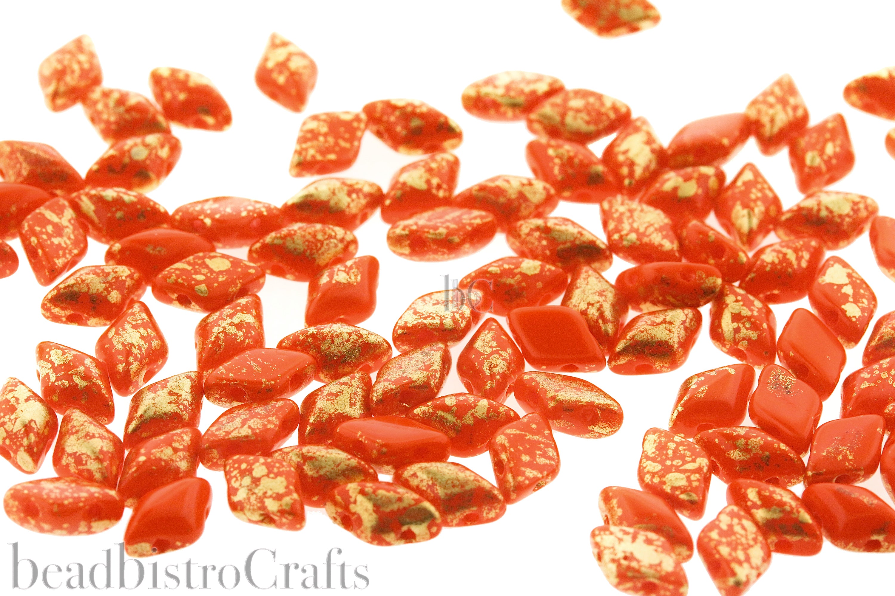 GemDuo Beads 8x5mm Opaque Orange Gold Splash  2-Hole Czech Seed Beads ~ 70pcs