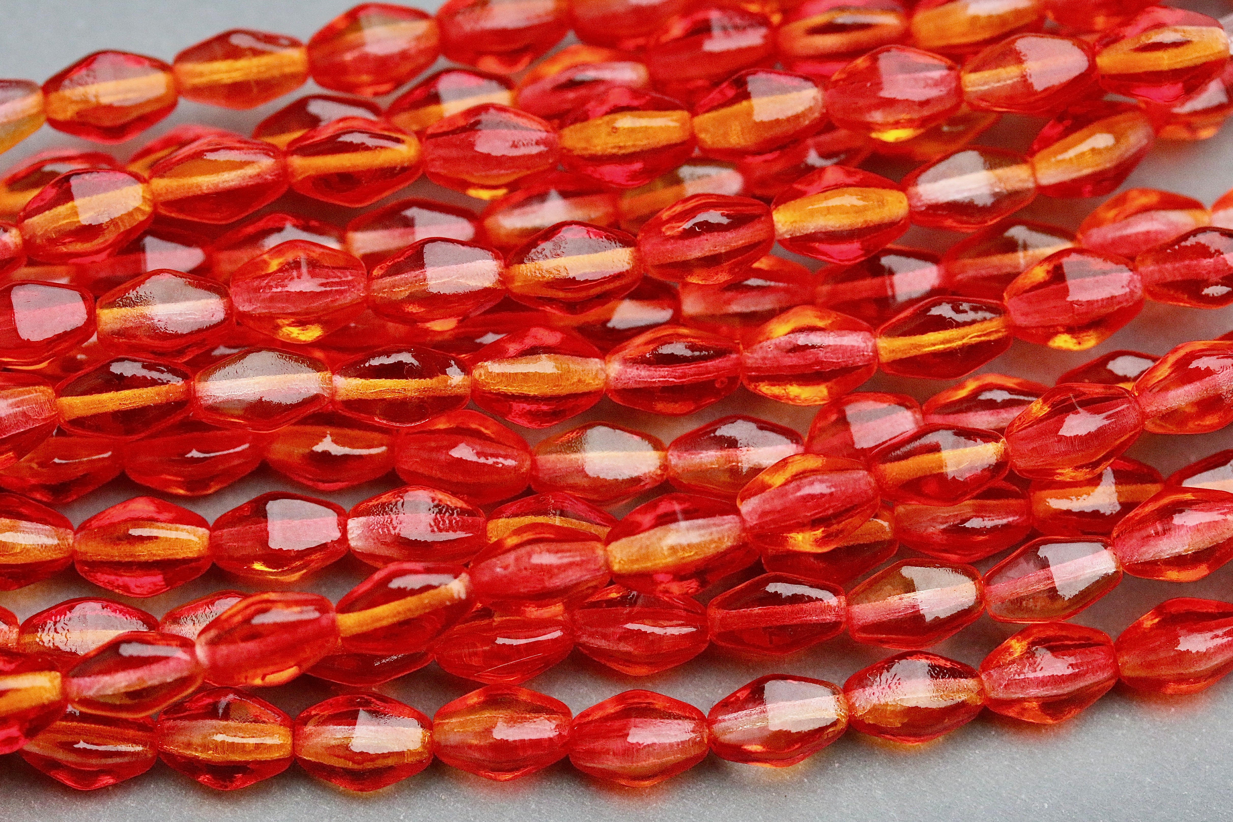 Czech Glass Beads Long Bicone 8x6mm Crystal Papaya Coat (16pcs)