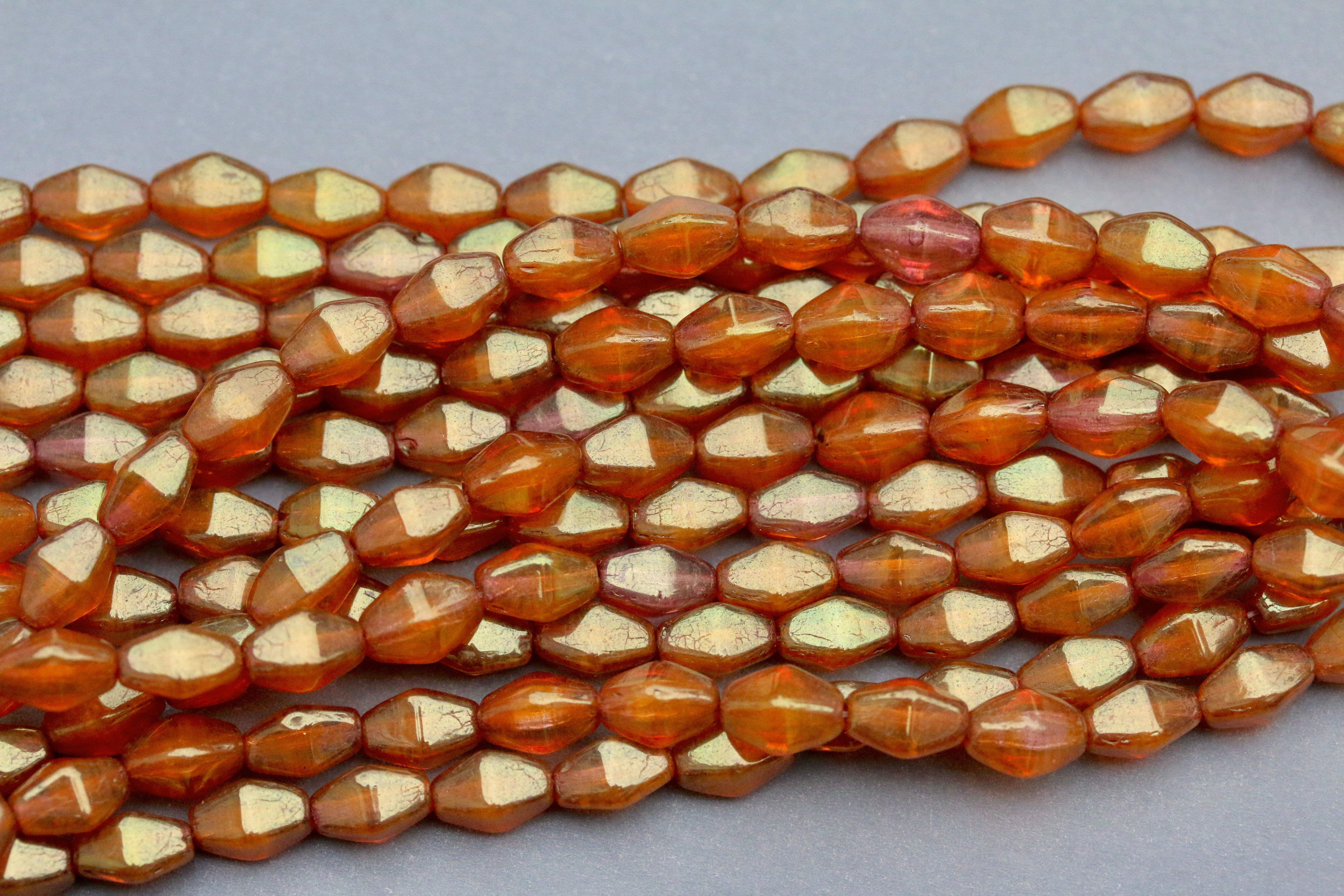 Czech Glass Beads Long Bicone 8x6mm Orange / Crystal Red Luster (16pcs)