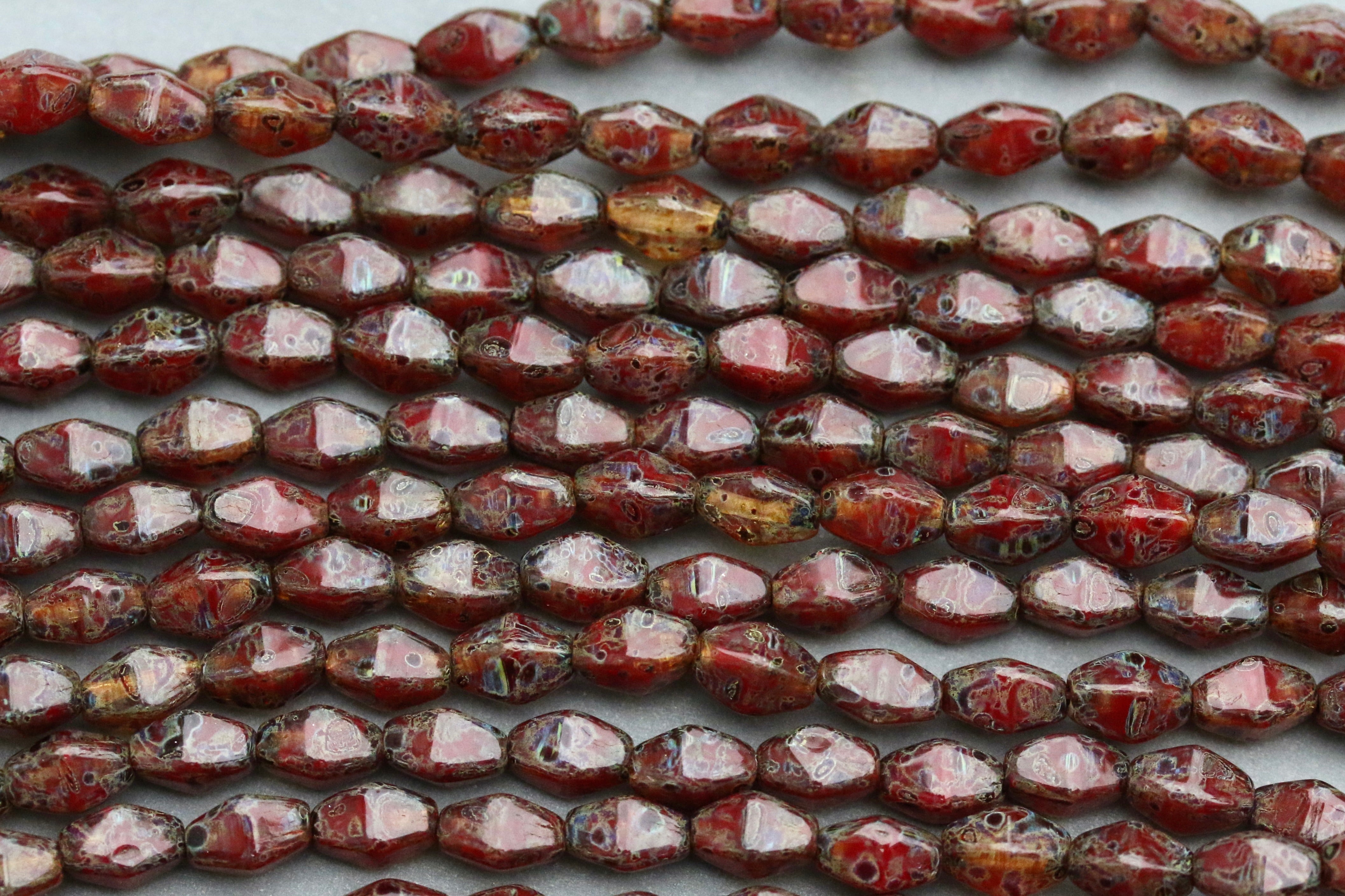 Czech Glass Beads Long Bicone 8x6mm Red / Crystal Travertine (16pcs)