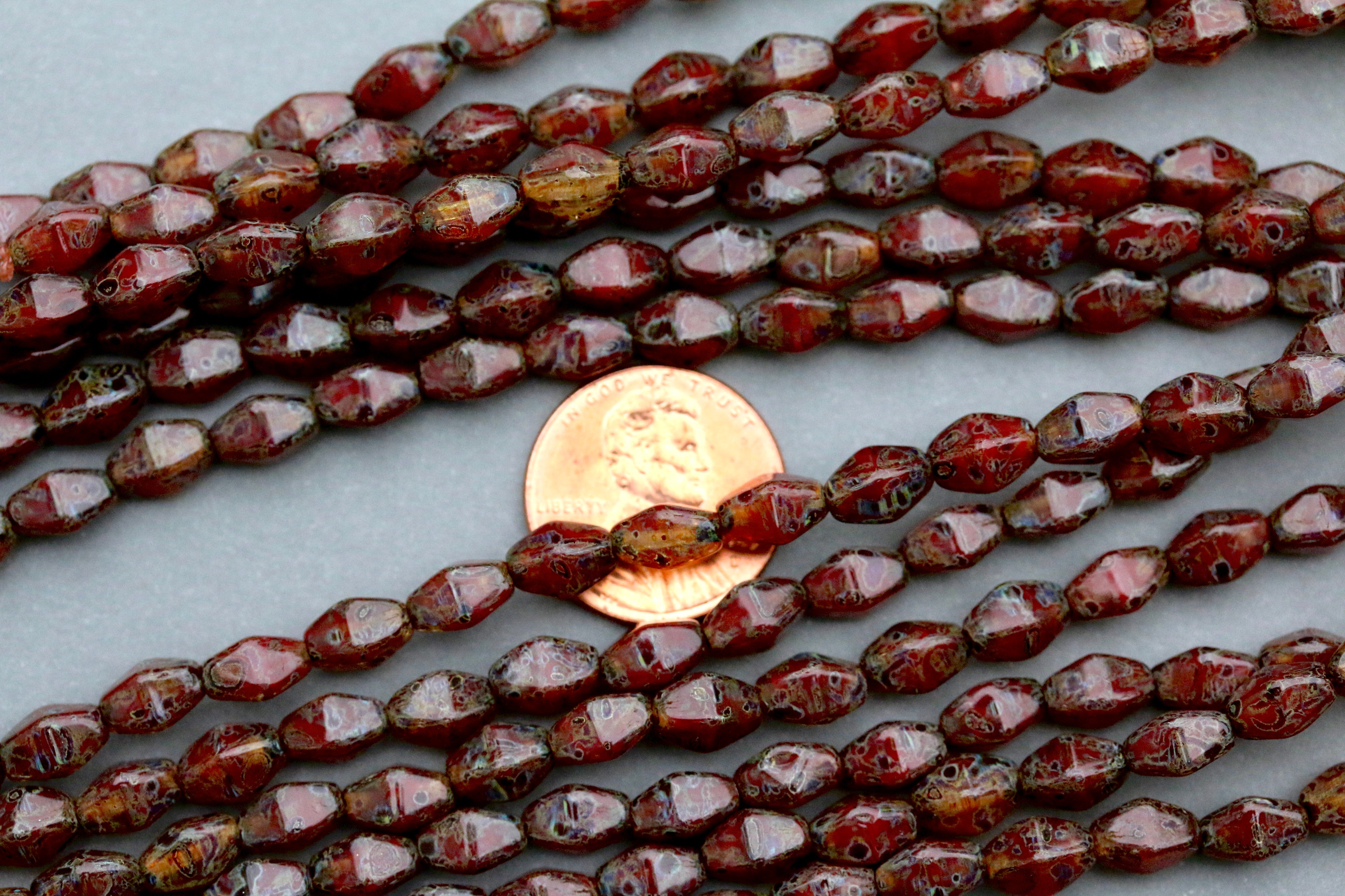 Czech Glass Beads Long Bicone 8x6mm Red / Crystal Travertine (16pcs)