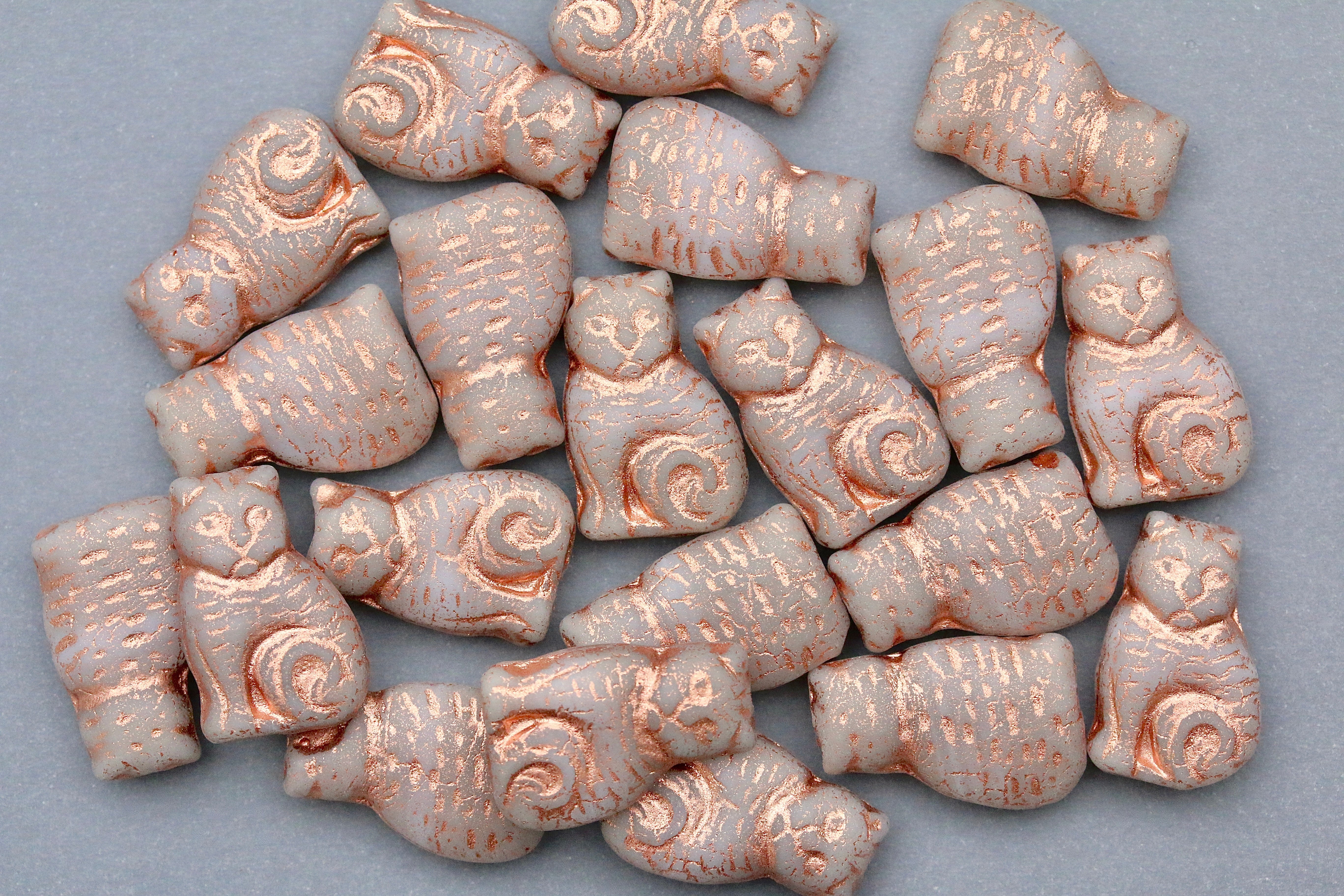 Czech Glass Cat Beads 17x11mm Matte Grey Calico Copper Wash (4pcs)