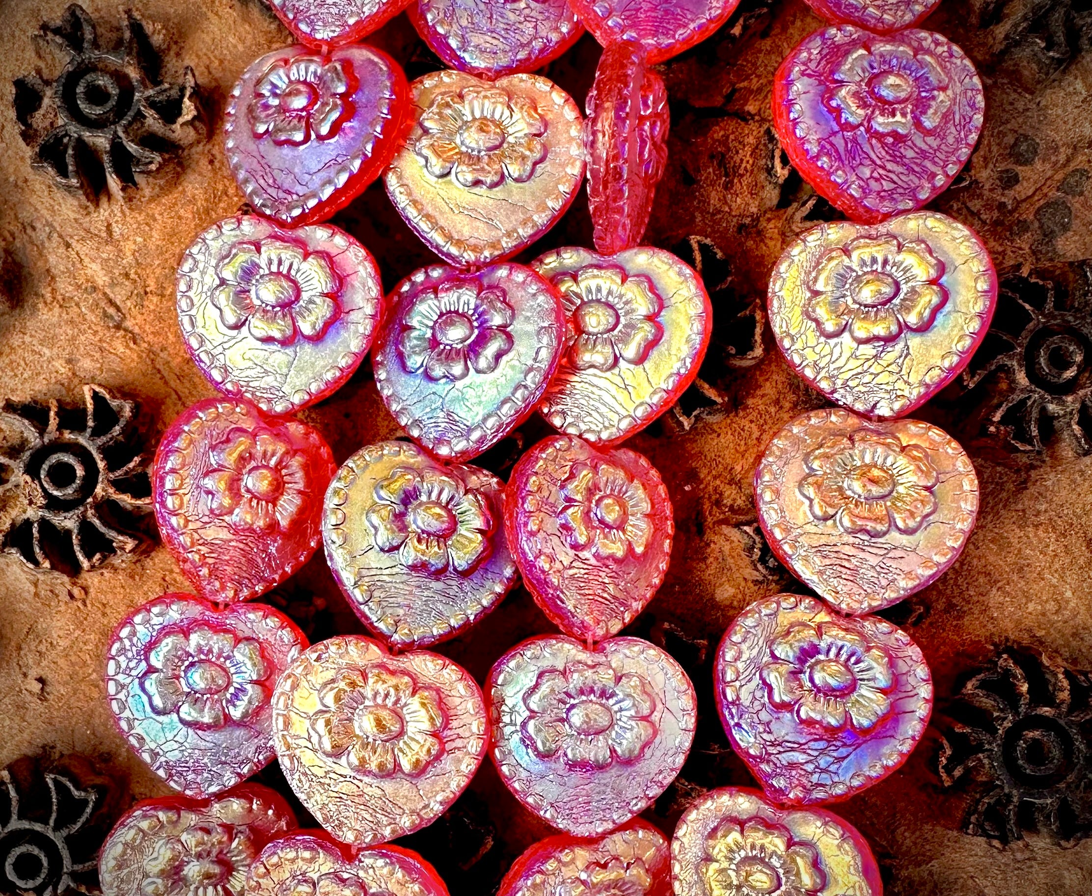 Czech Glass Rustic Heart Beads 17mm Transparent Red Full AB (4pcs)