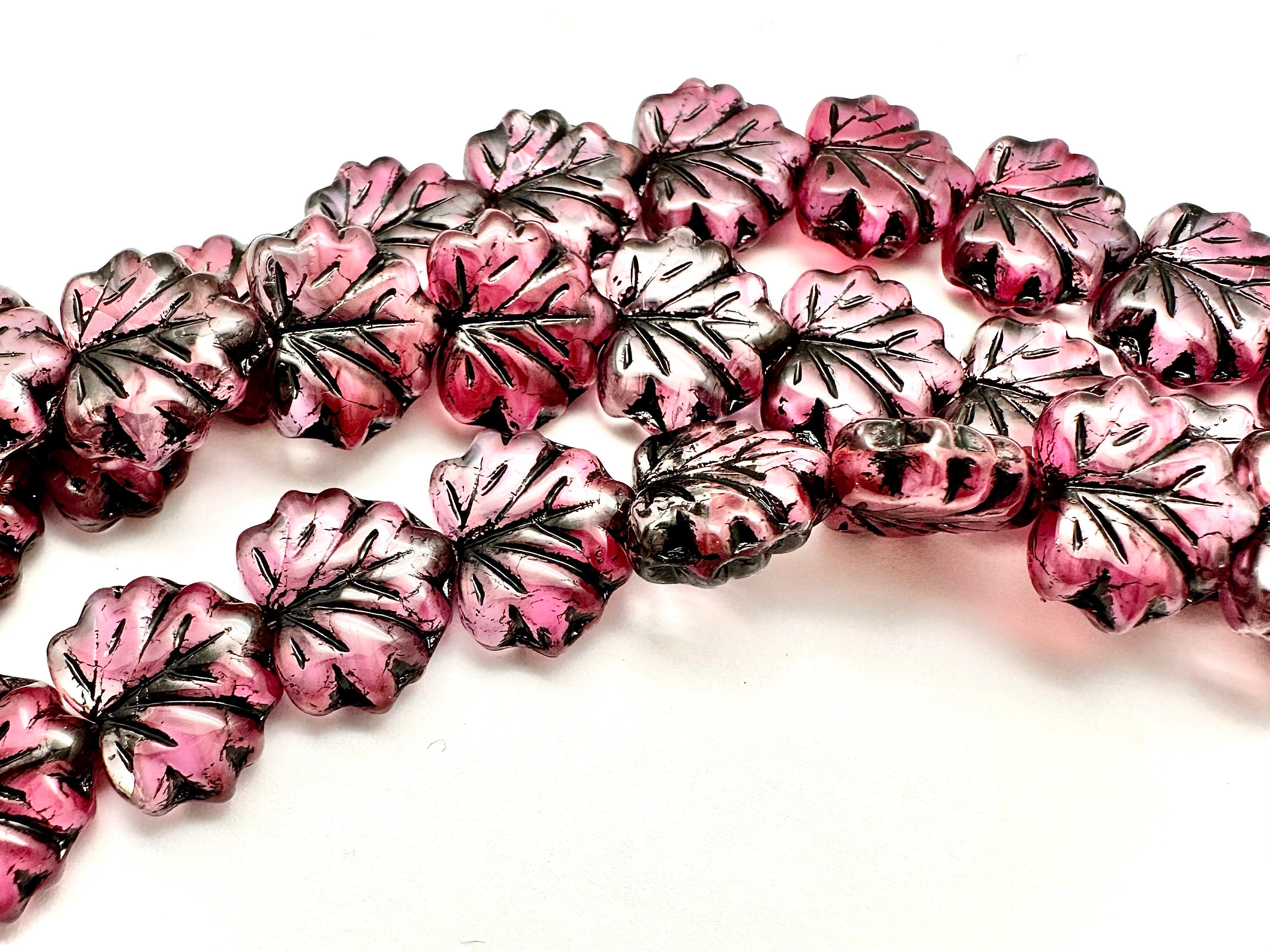 Czech Glass Grape / Maple Leaf Beads 13x10mm Pink & Clear 2-Toned glass with Black Wash (12pcs)