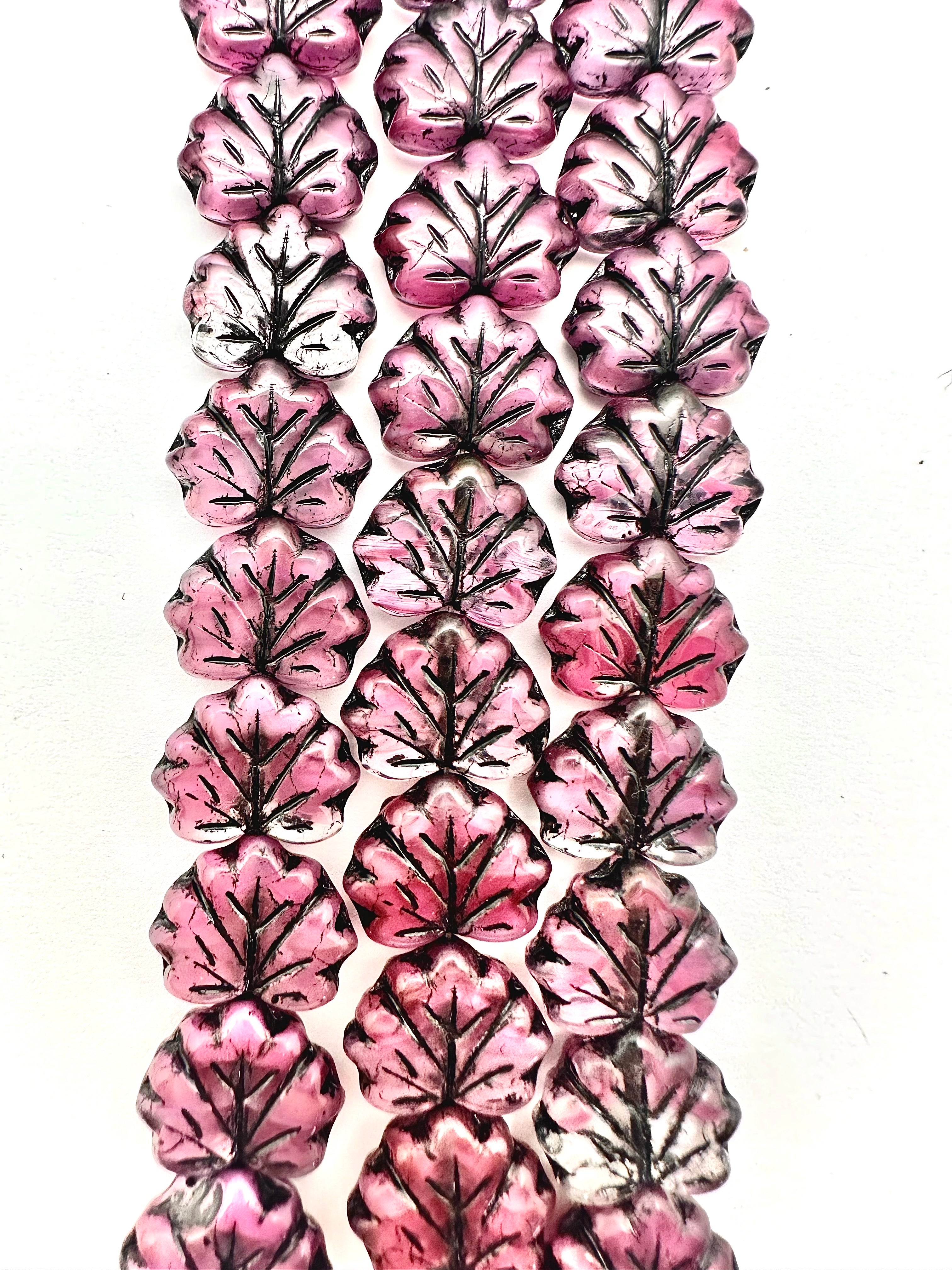 Czech Glass Grape / Maple Leaf Beads 13x10mm Pink & Clear 2-Toned glass with Black Wash (12pcs)