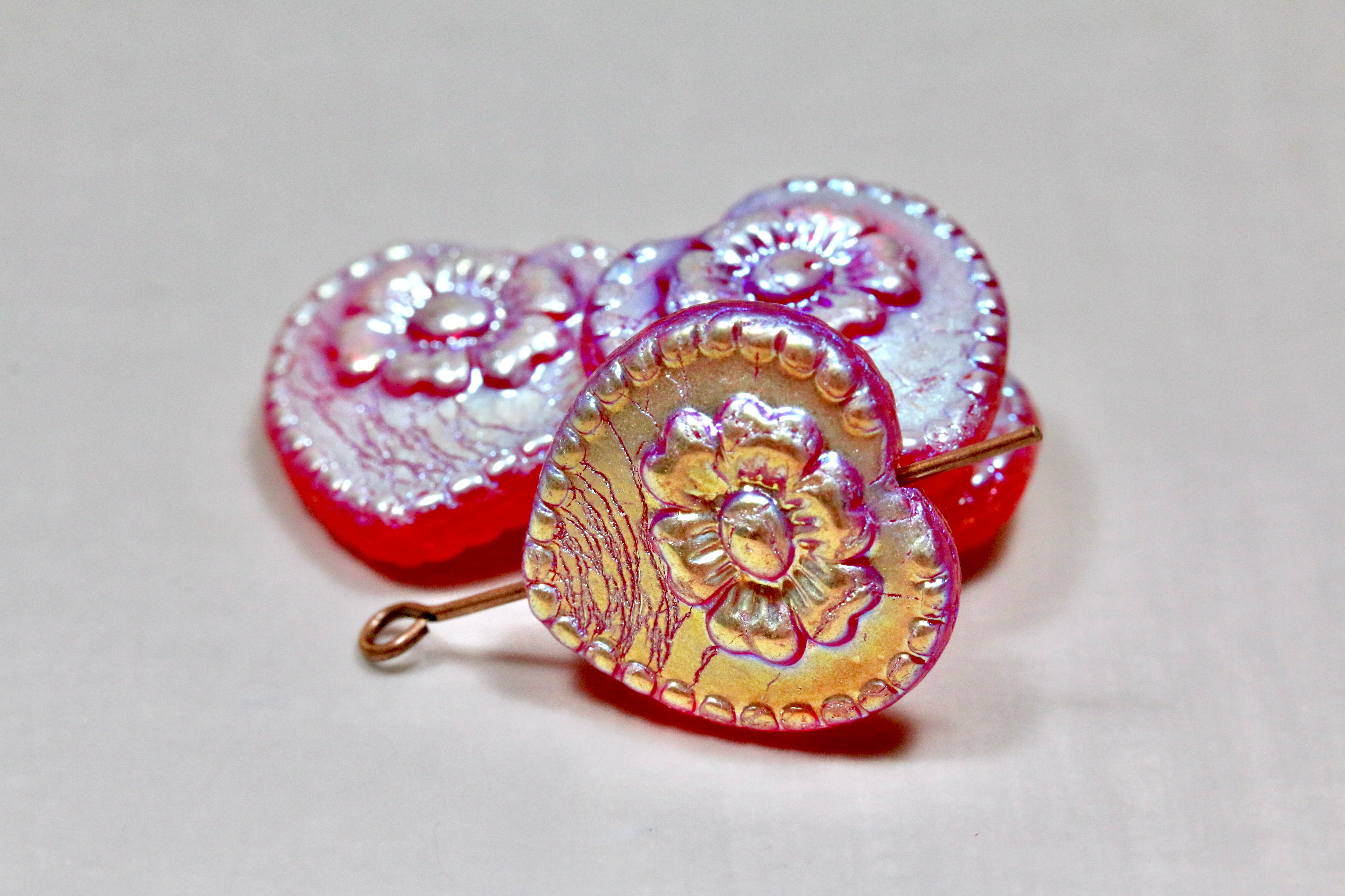 Czech Glass Rustic Heart Beads 17mm Transparent Red Full AB (4pcs)
