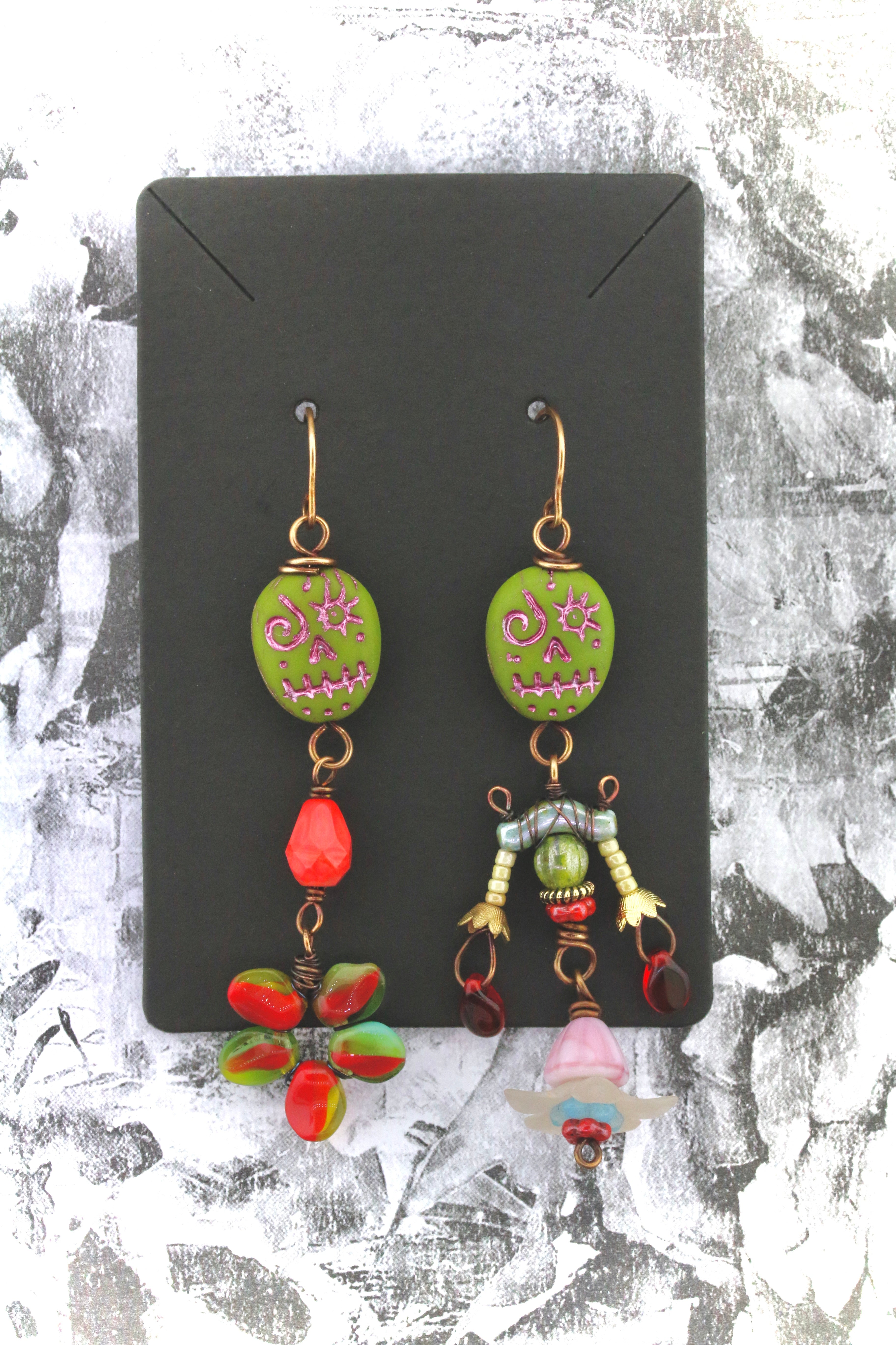 Czech Glass Voodoo Skull Beads 16x13mm Frosted Opaque Dark Olive with Metallic Pink Wash (6pcs)