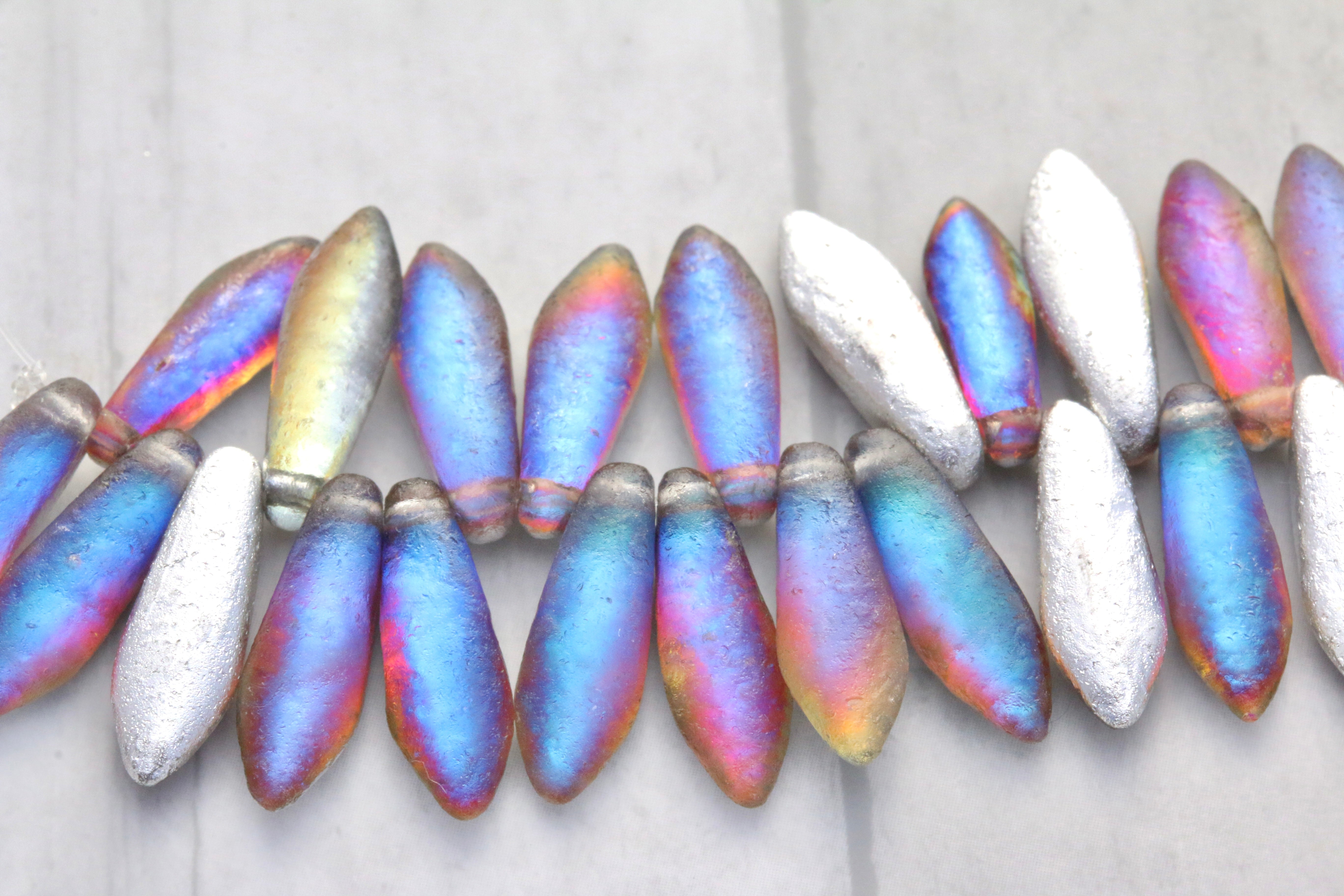 Czech Glass Dagger 16x5mm Beads Acid Etched Backlit Petrol