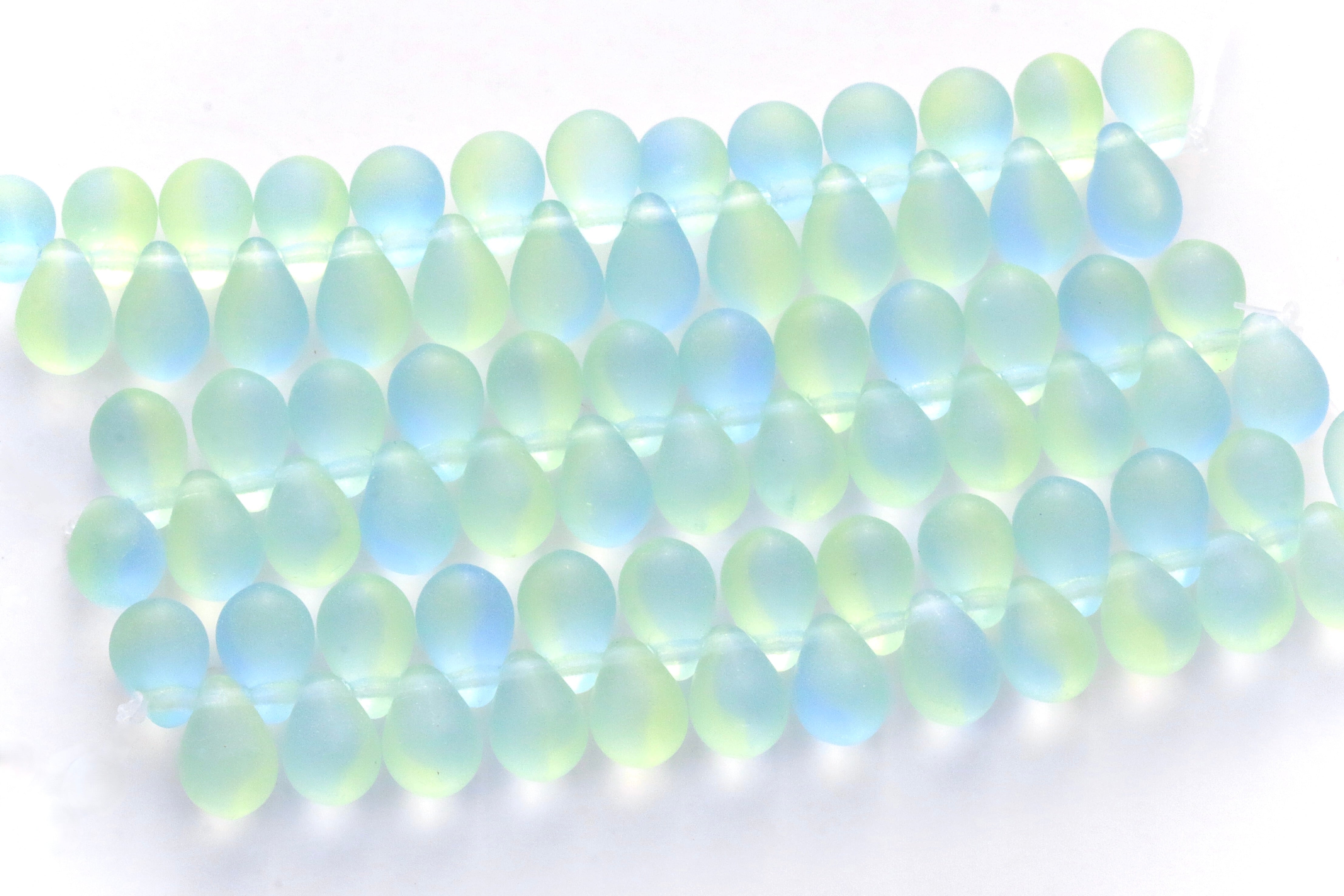 Czech Glass Drop 6x9mm Beads Frosted Transparent Pale Lime and Sapphire Side-drilled Tear Drop * Fluorescent