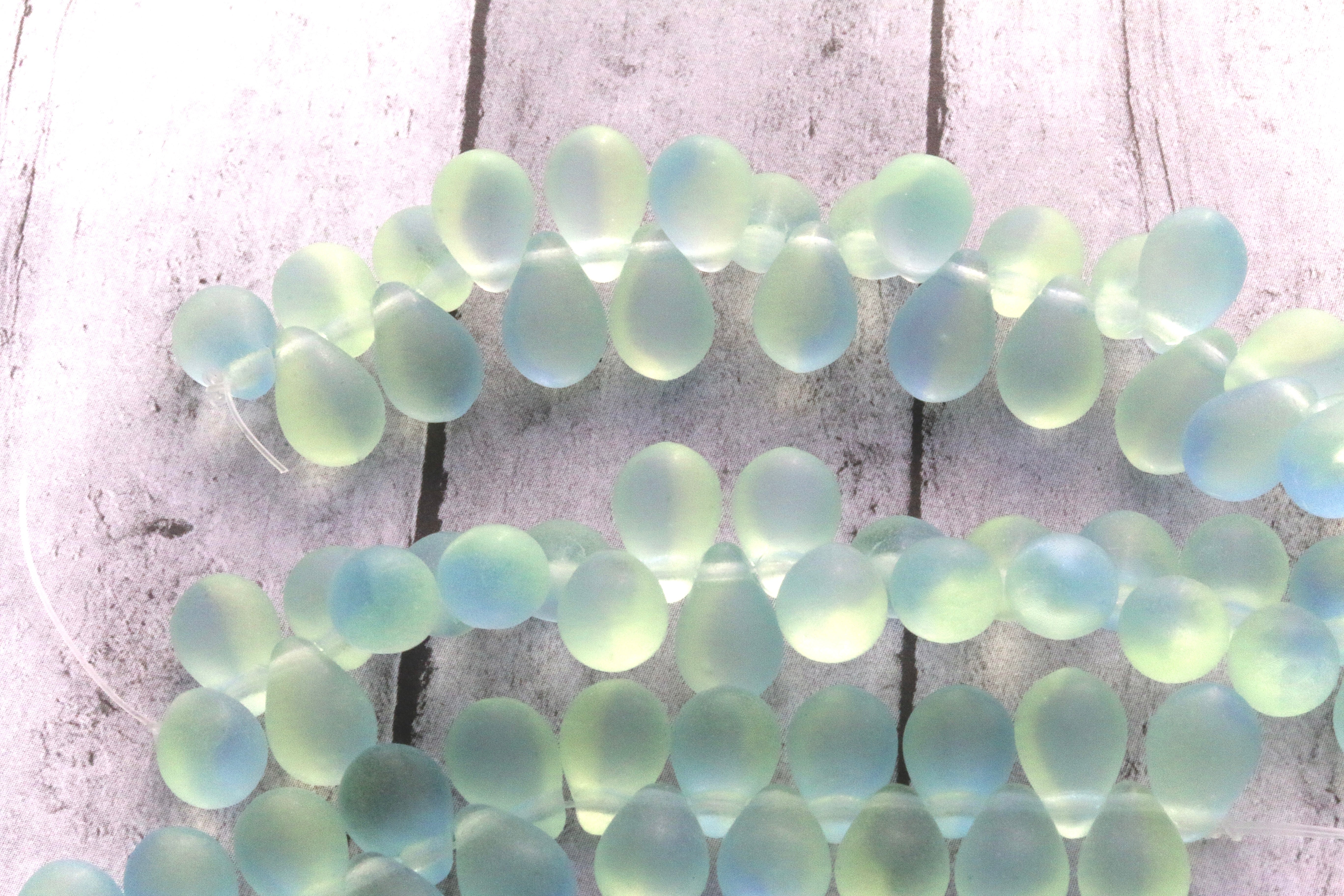 Czech Glass Drop 6x9mm Beads Frosted Transparent Pale Lime and Sapphire Side-drilled Tear Drop * Fluorescent