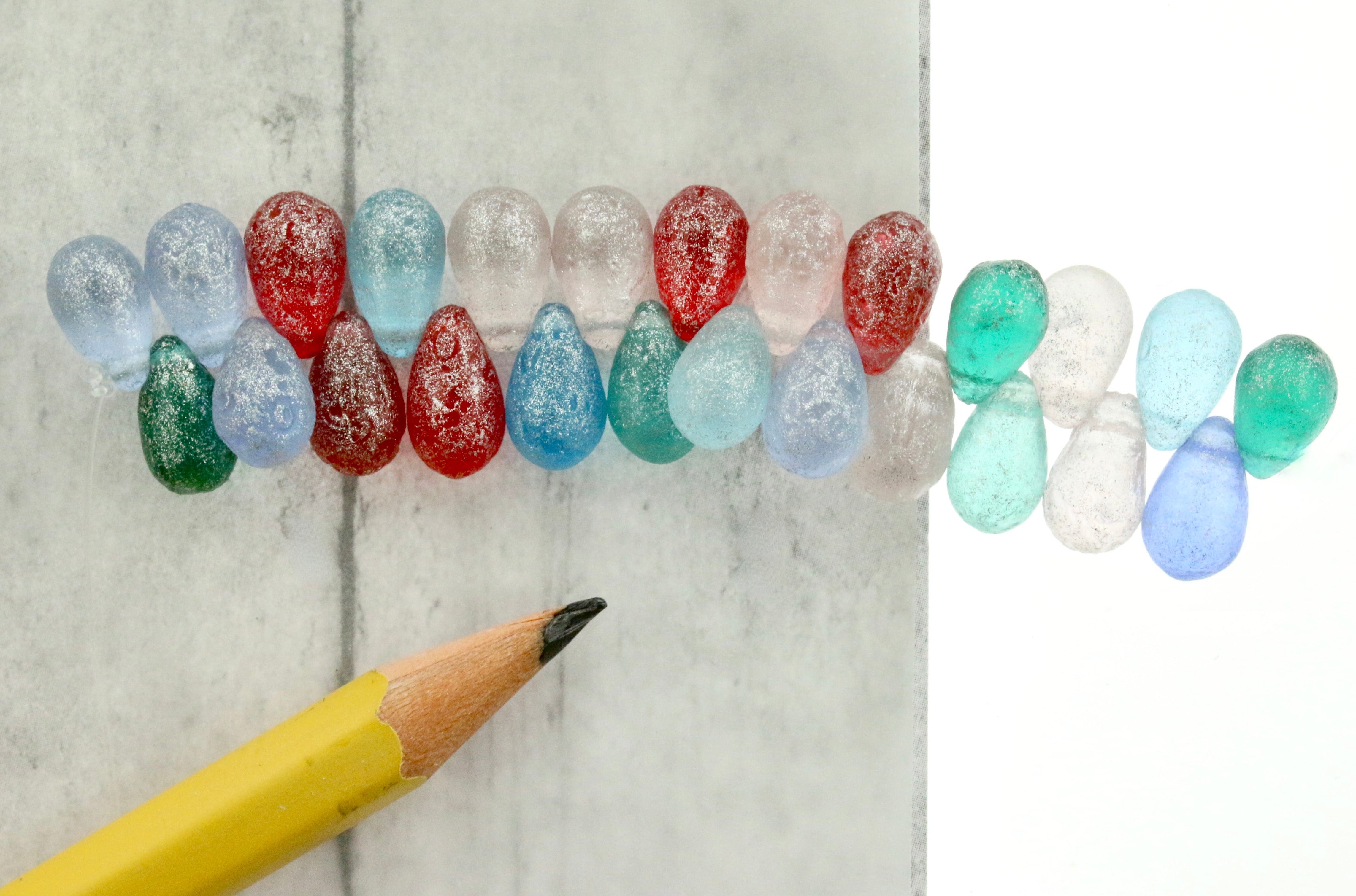 Czech Glass Drop 6x9mm Beads Acid Etched Mixed Transparent Frosted Silver Shimmer Side-drilled Tear Drop