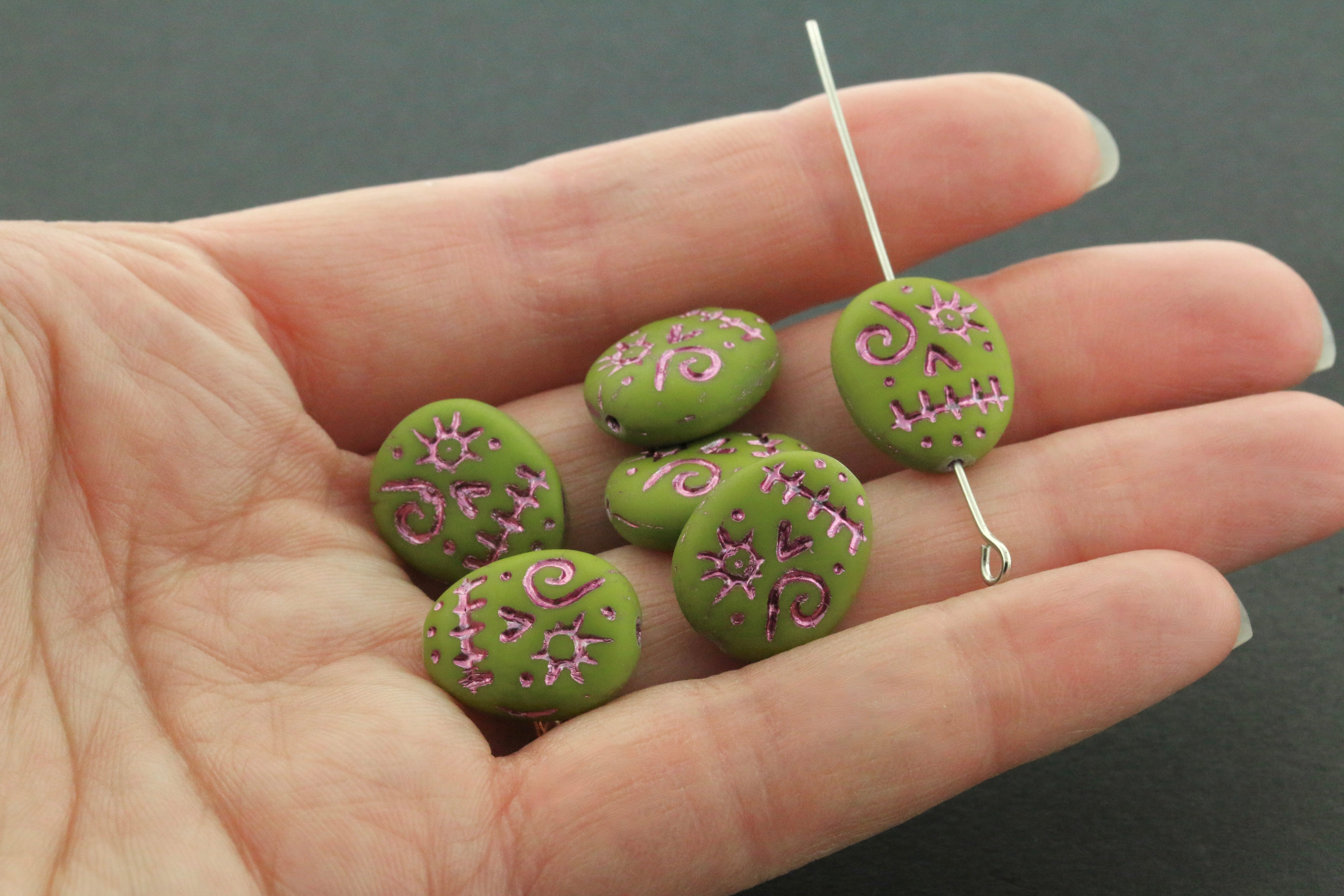 Czech Glass Voodoo Skull Beads 16x13mm Frosted Opaque Dark Olive with Metallic Pink Wash (6pcs)