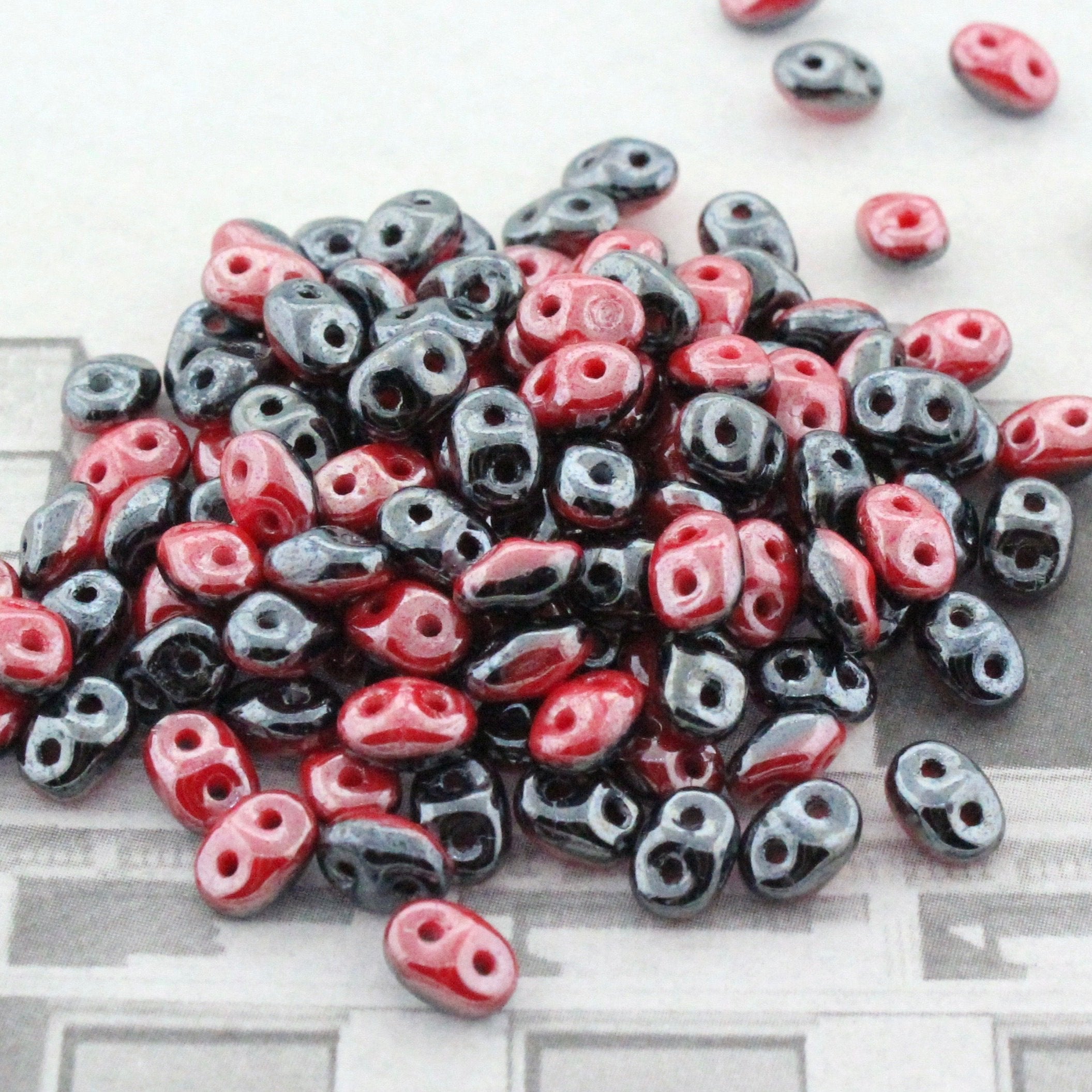 SuperDuo 2.5x5mm DUETS Opaque Red / Black White Luster 2-Hole Czech Seed Beads ~ 10g