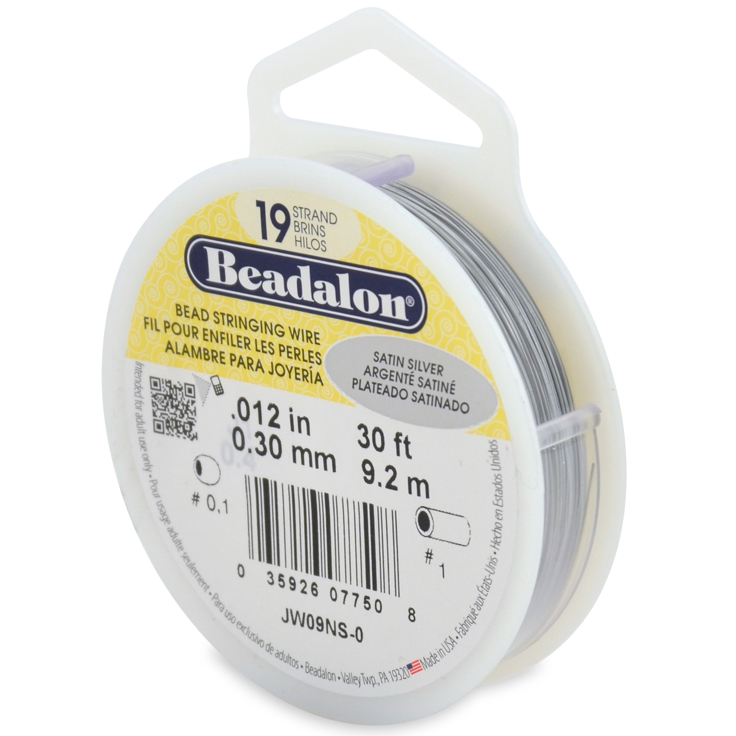 Beadalon 19 Strand Satin Silver .012in Flexible Bead Stringing Wire, 30ft Spool